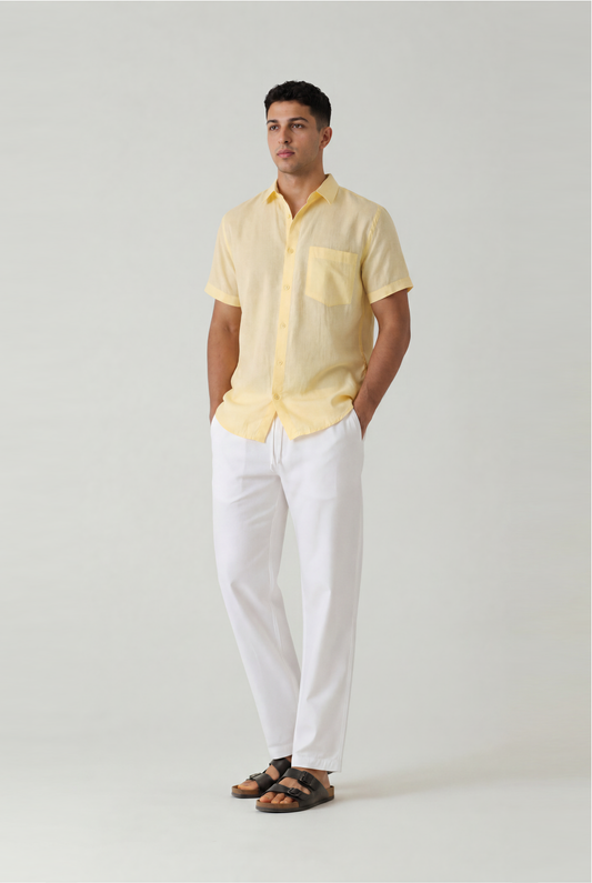 Light Yellow Linen Half Sleeve Shirt – Regular Fit