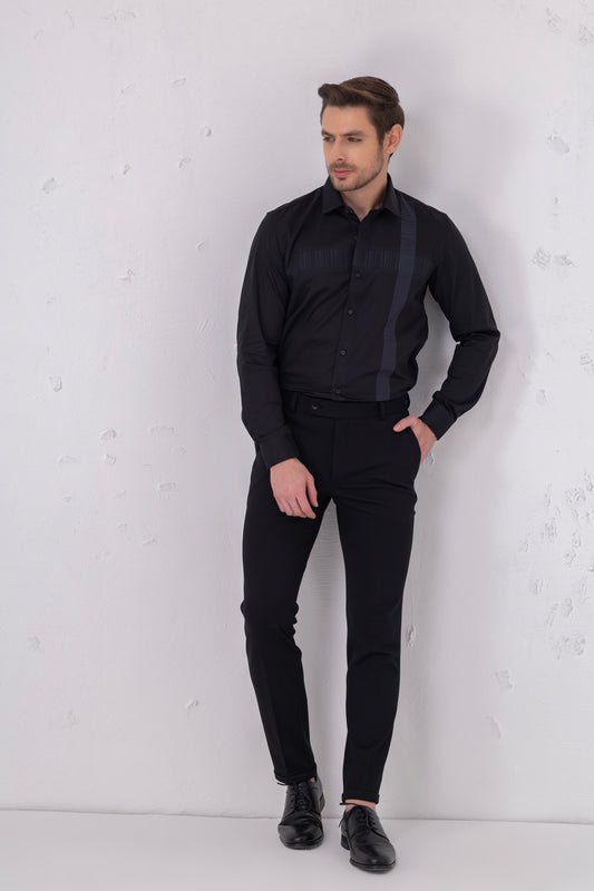 Textured Sophistication - Black Flat Weave Panel Shirt. Vyne by Urban Thing.