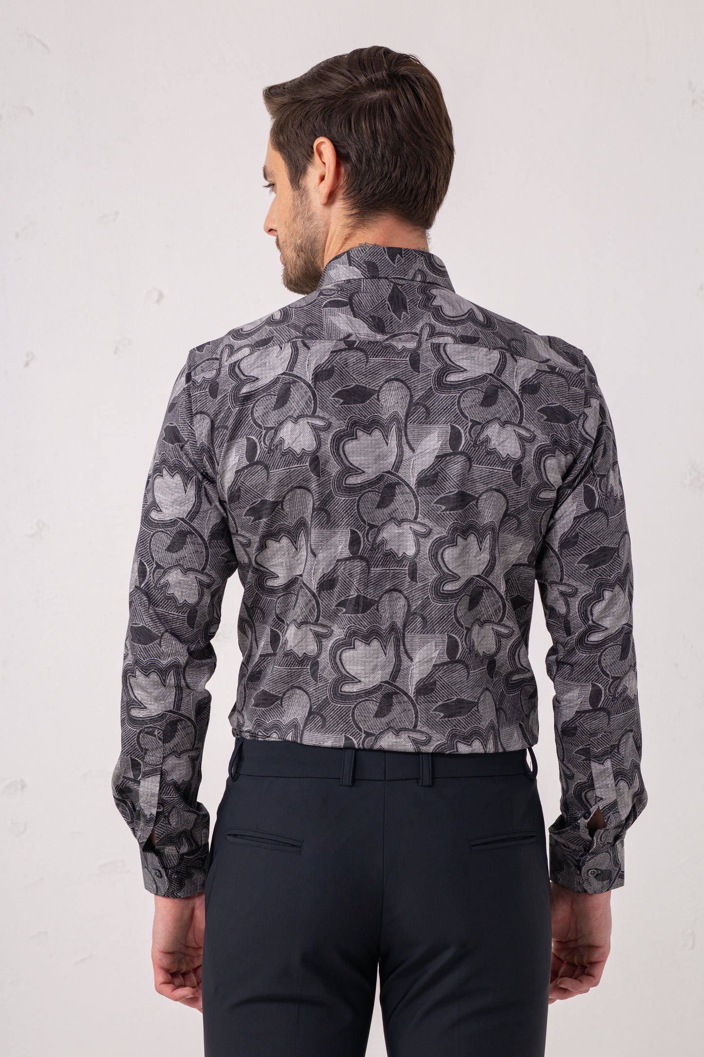 Grey Floral Jacquard Party Shirt – 100% Cotton. Vyne by Urban Thing.