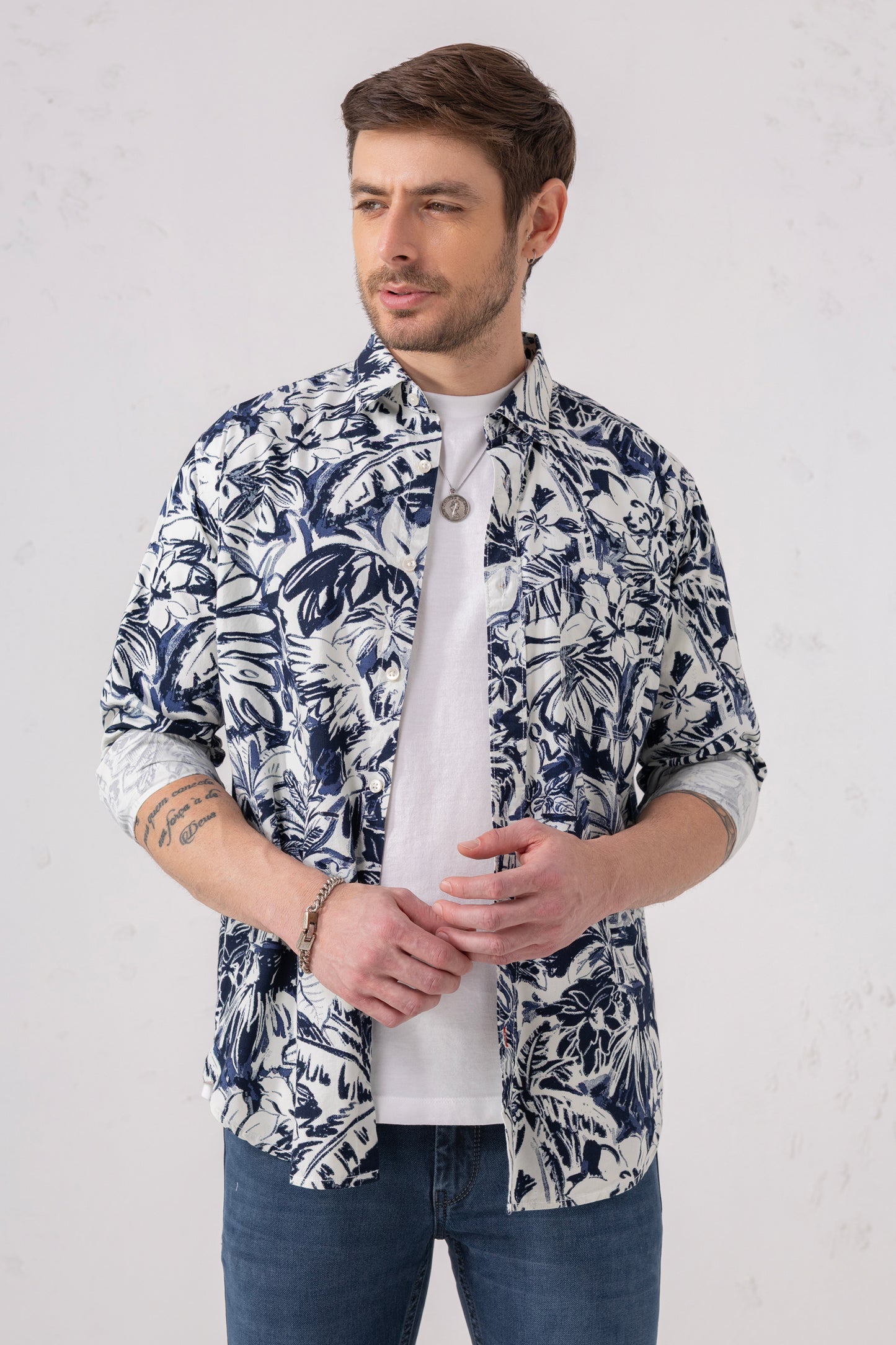 Navy & White Tropical Print Premium Cotton Shirt
