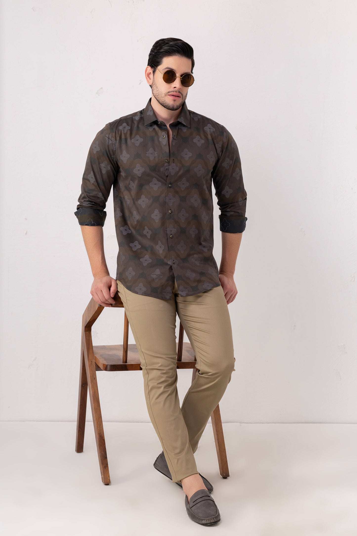 Brown Jacquard 100% Cotton Party Shirt. Vyne by Urban Thing.