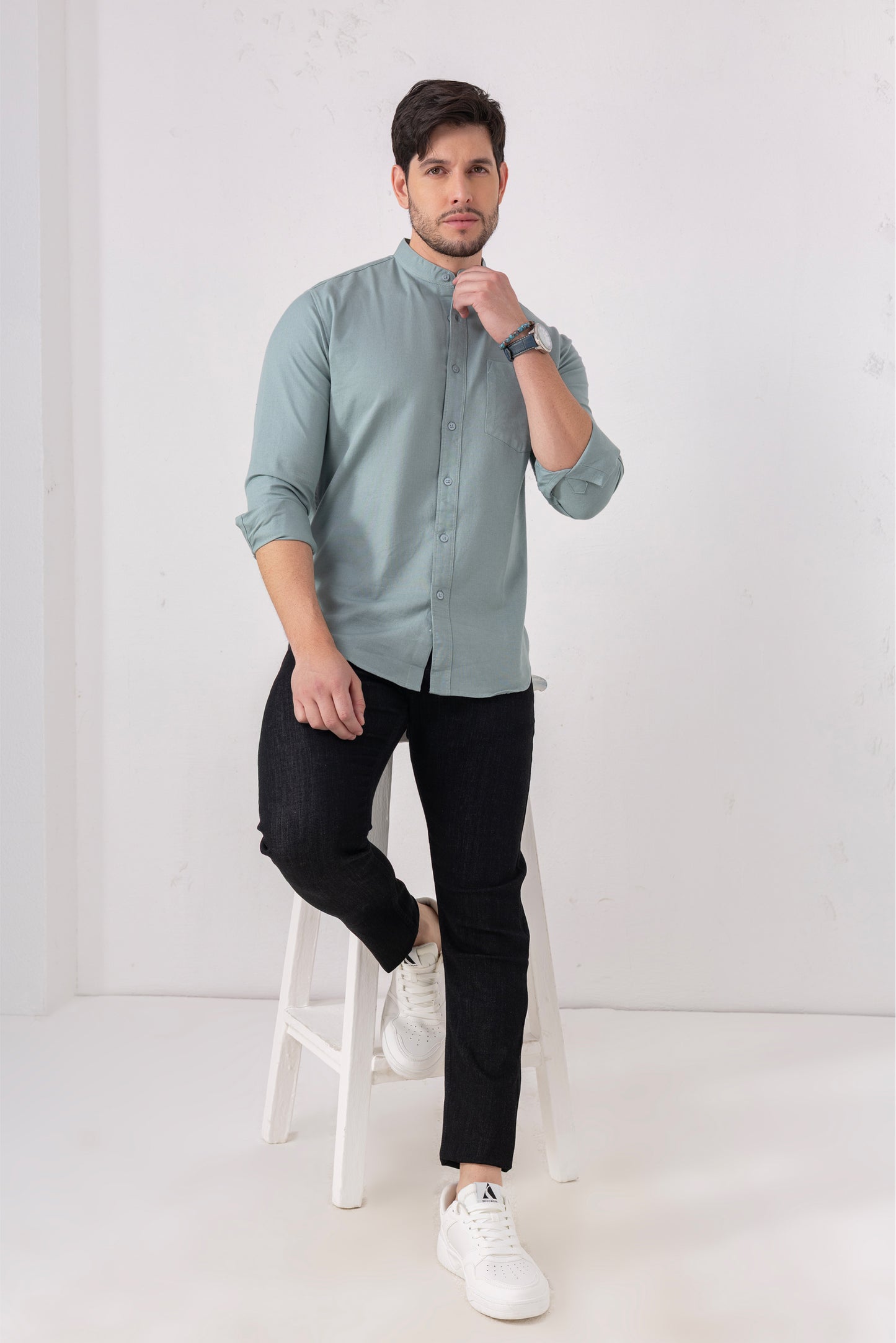 Sea Green 100% Cotton Casual Mandarin Collar Shirt