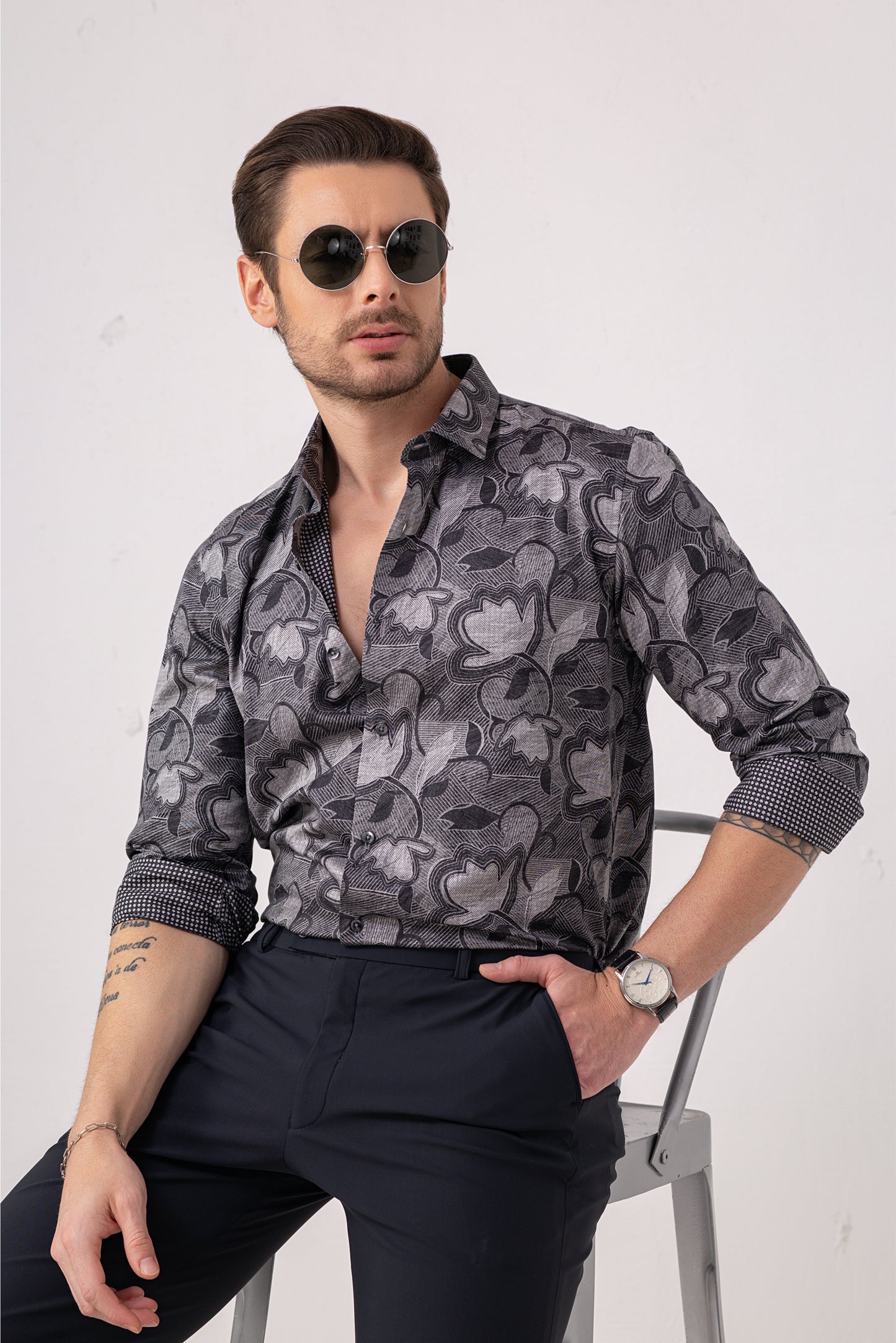 Grey Floral Jacquard Party Shirt – 100% Cotton. Vyne by Urban Thing.