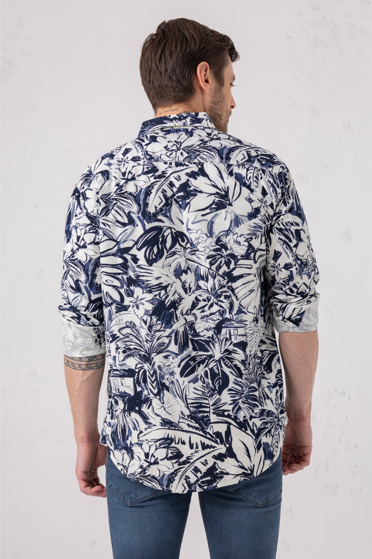 Navy & White Tropical Print Premium Cotton Shirt