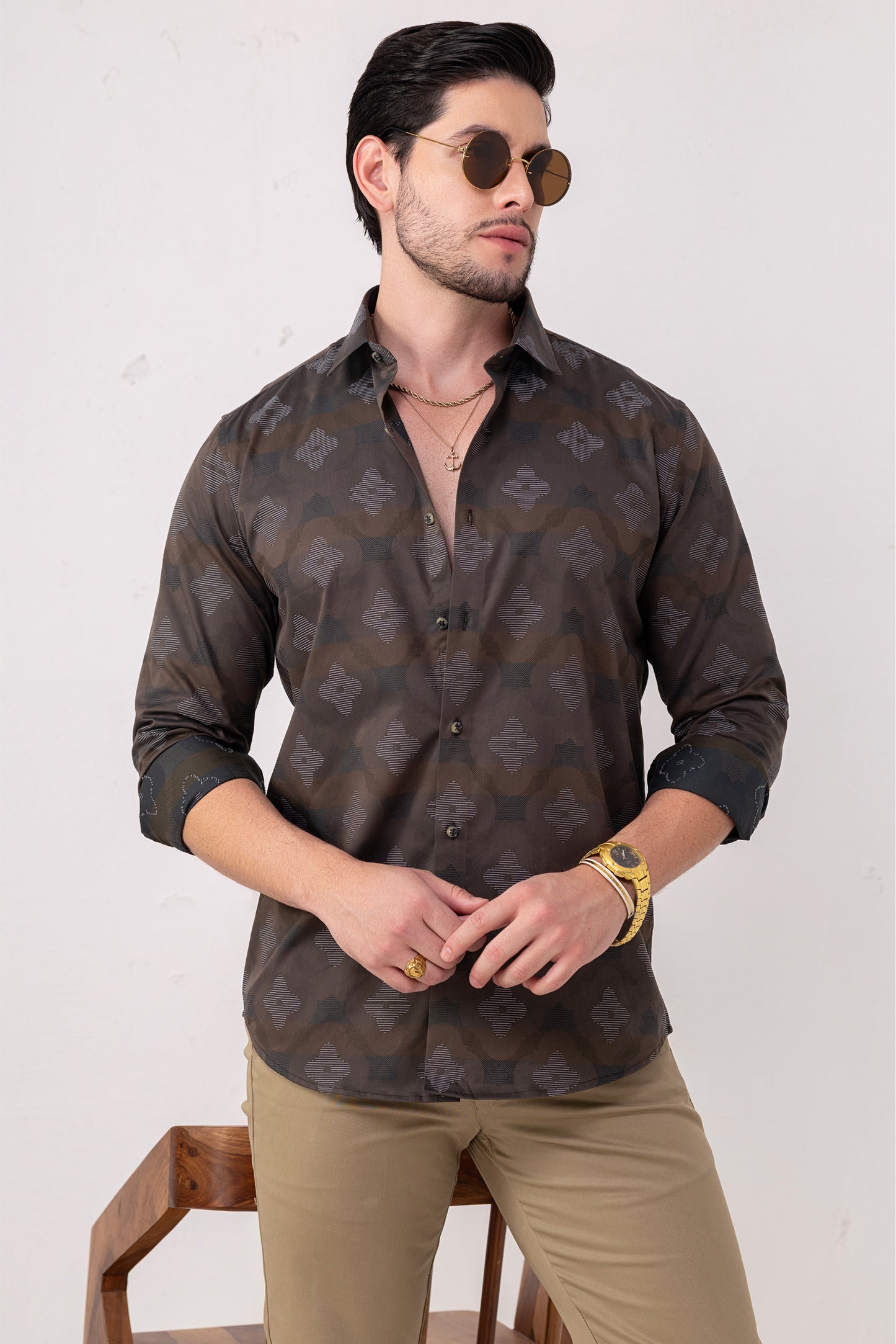 Brown Jacquard 100% Cotton Party Shirt. Vyne by Urban Thing.