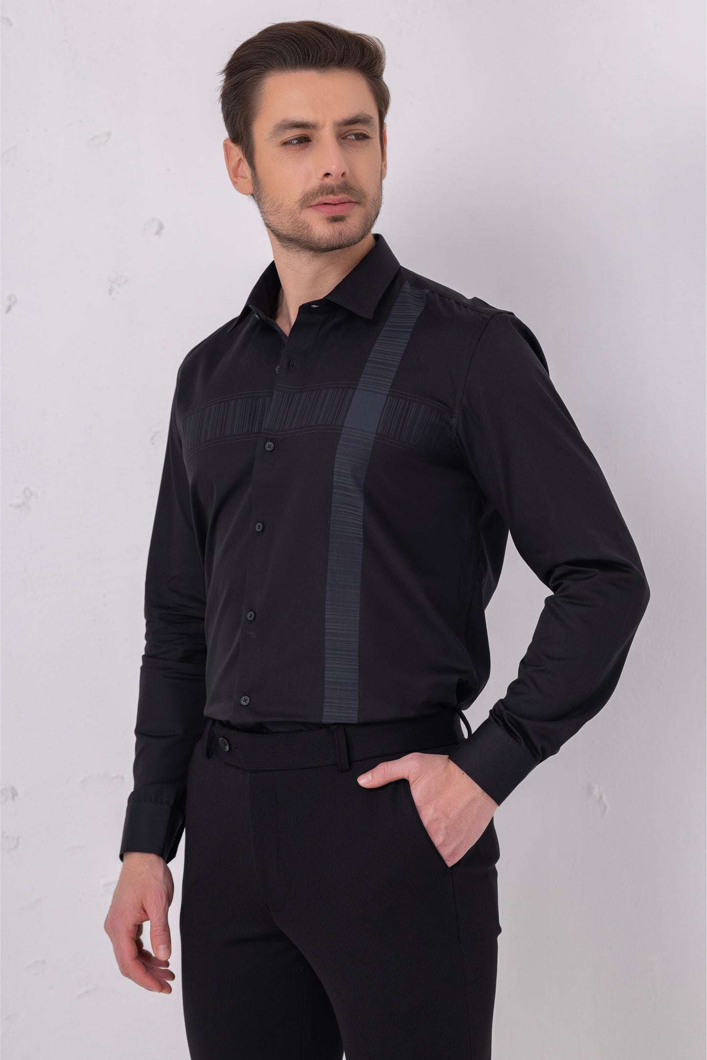 Textured Sophistication - Black Flat Weave Panel Shirt. Vyne by Urban Thing.