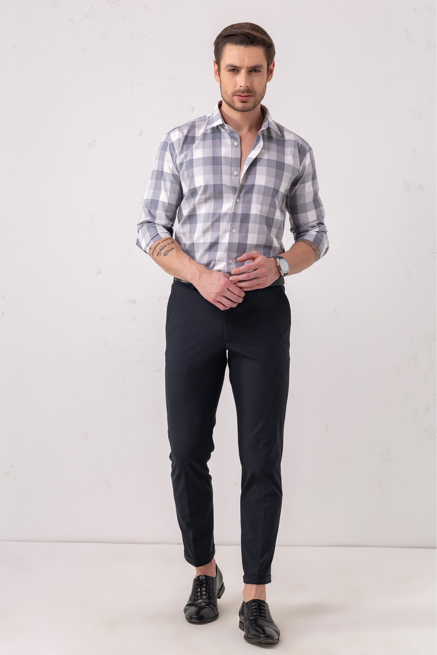 Giza Cotton Grey Twill Check Shirt. BE SHARP by Urban Thing.