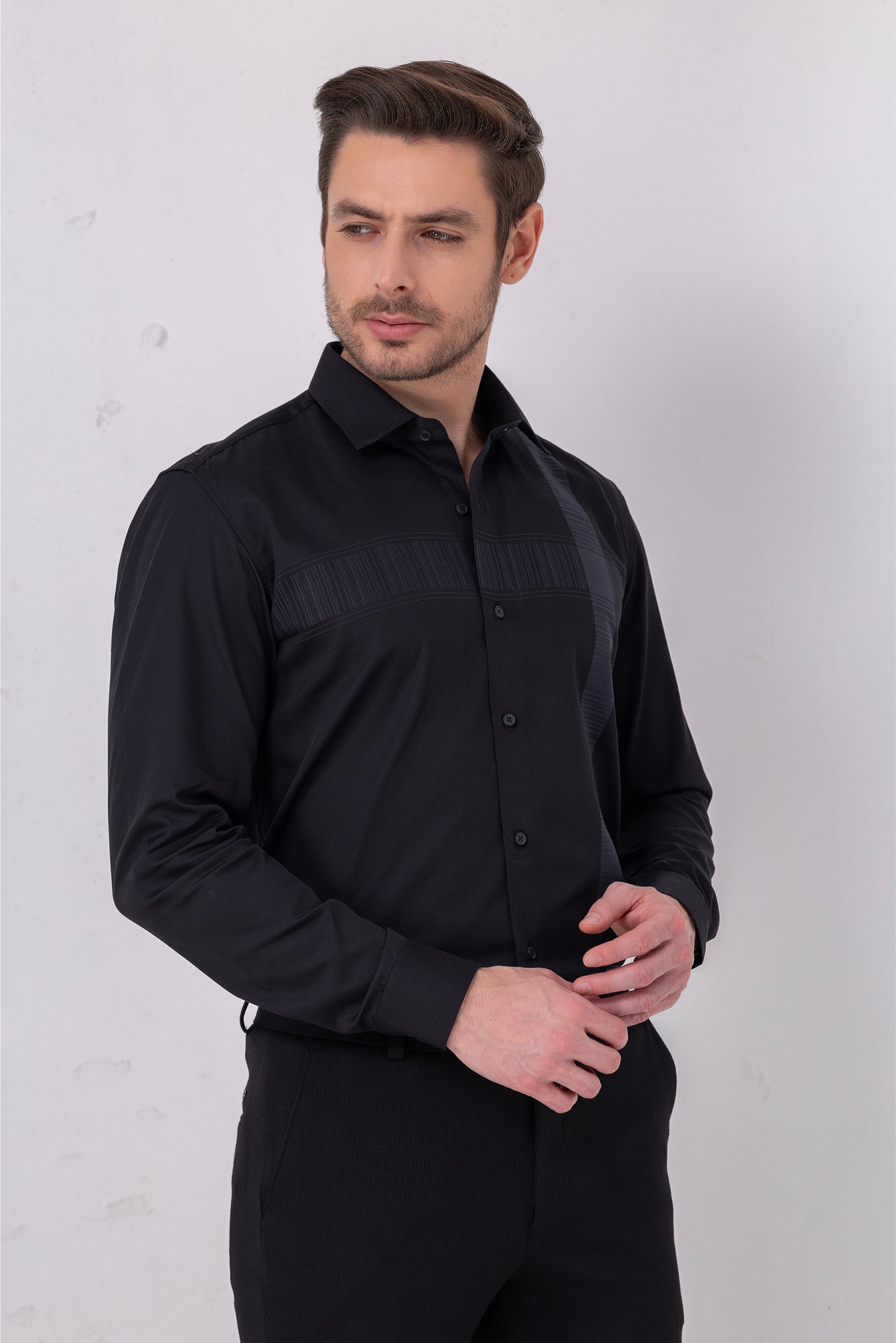 Textured Sophistication - Black Flat Weave Panel Shirt. Vyne by Urban Thing.