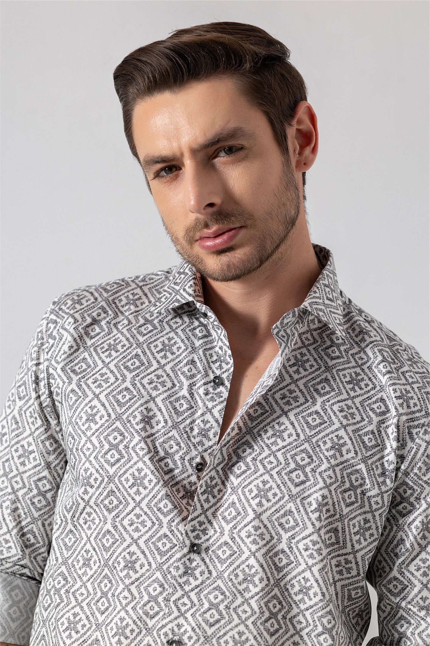 Geometric Grey Jacquard Cotton Shirt. Vyne by Urban Thing.