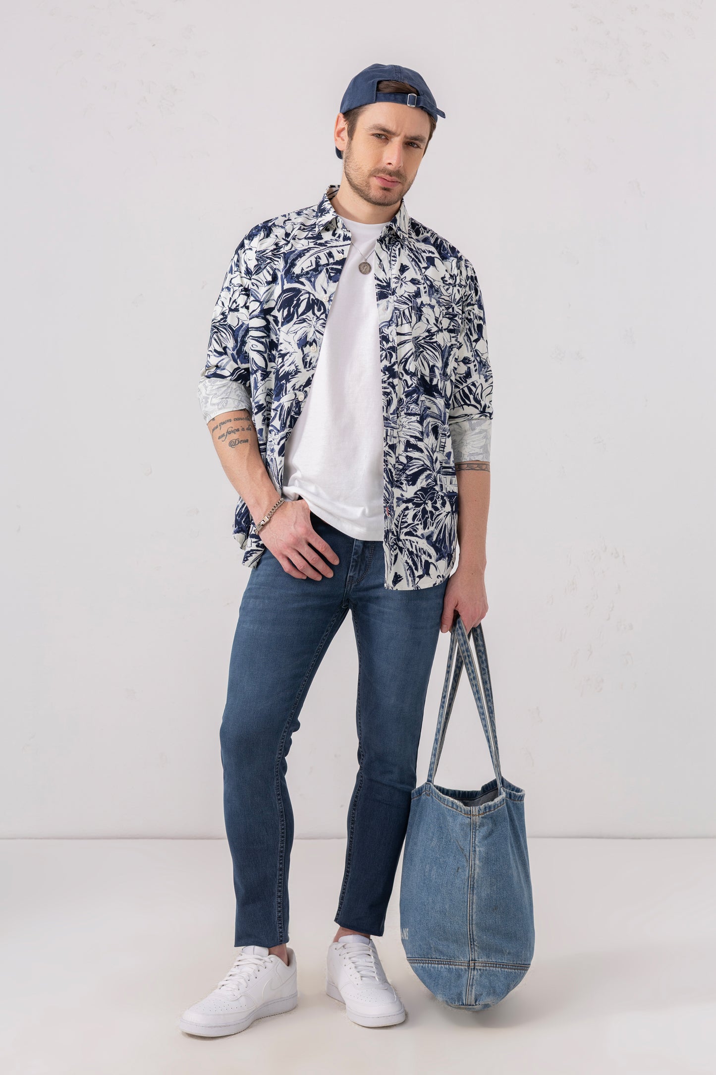 Navy & White Tropical Print Premium Cotton Shirt