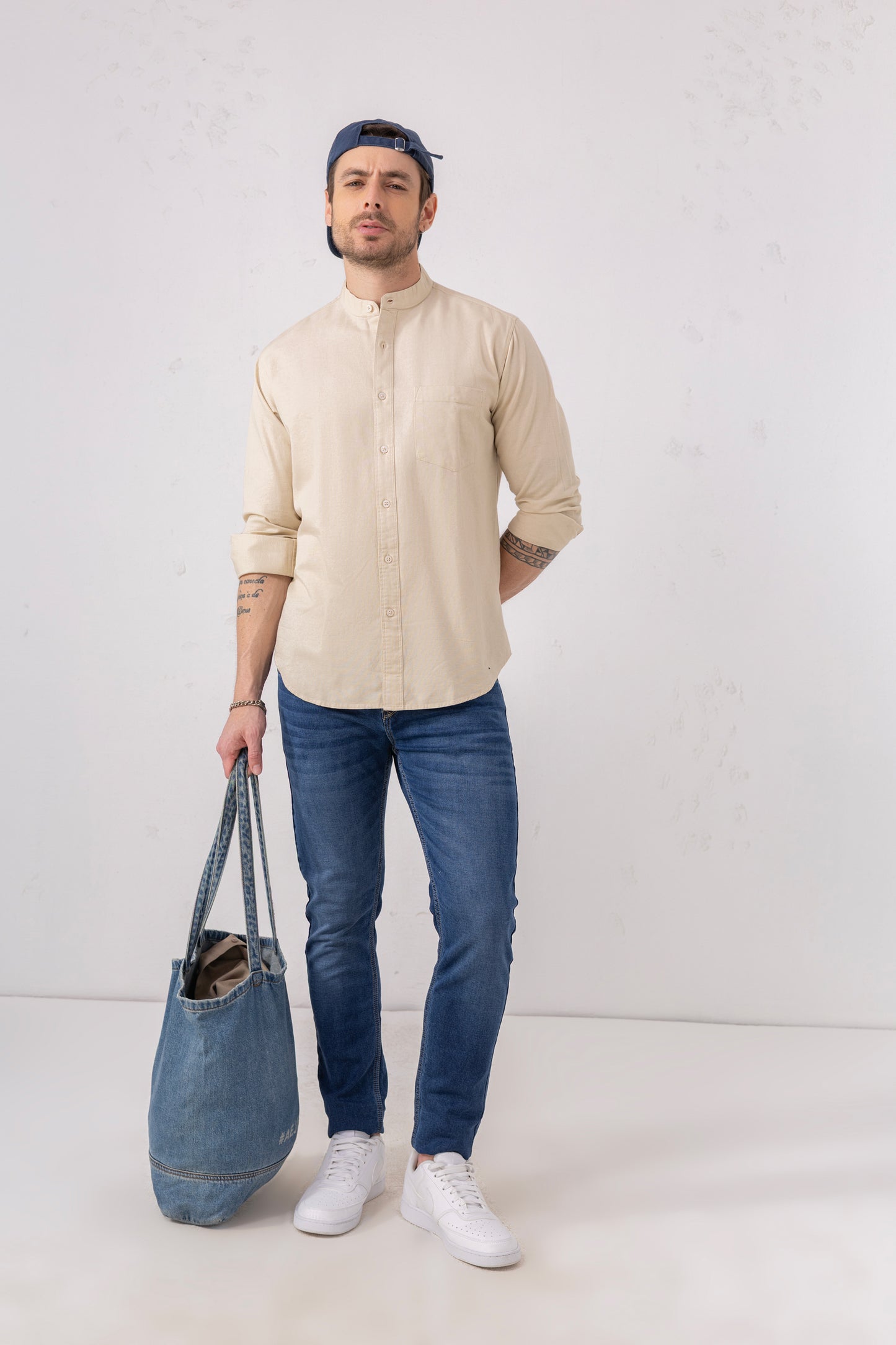 Beige 100% Cotton Mandarin Collar Casual Shirt