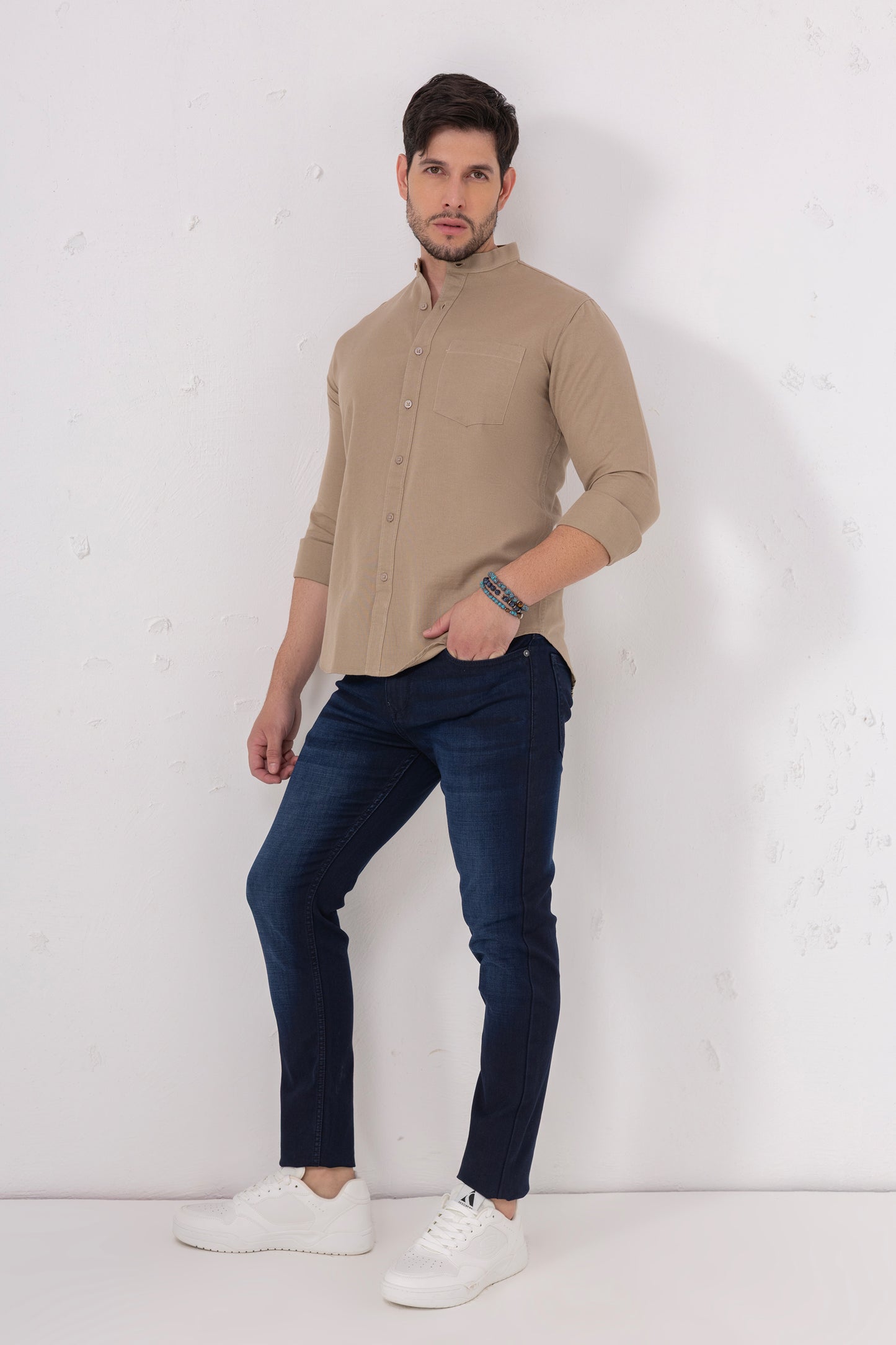Sand Beige 100% Cotton Casual Mandarin Collar Shirt