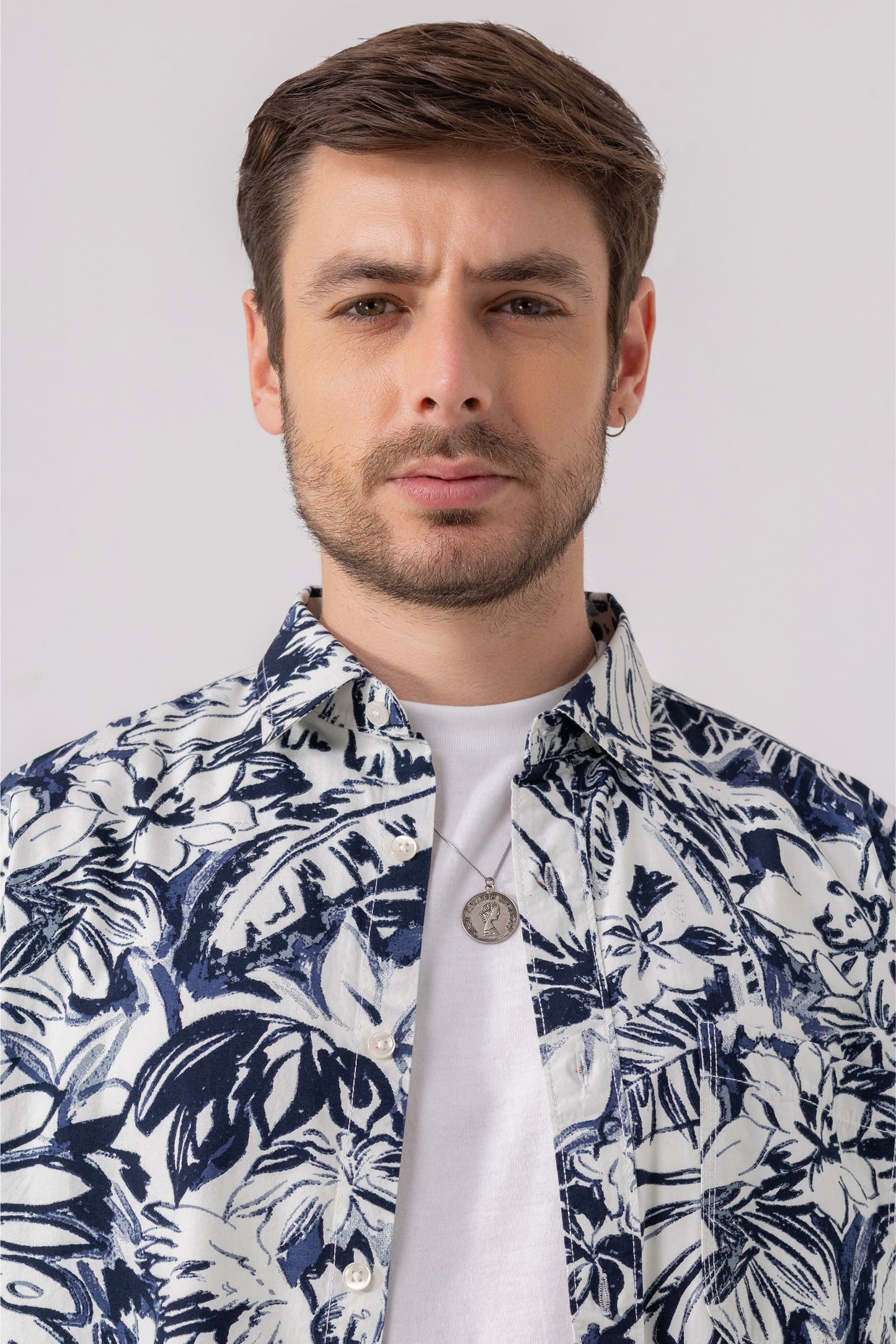 Navy & White Tropical Print Premium Cotton Shirt