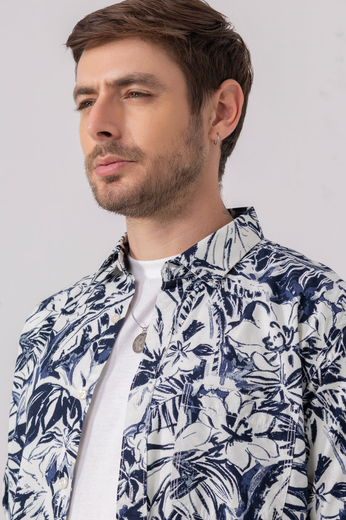 Navy & White Tropical Print Premium Cotton Shirt