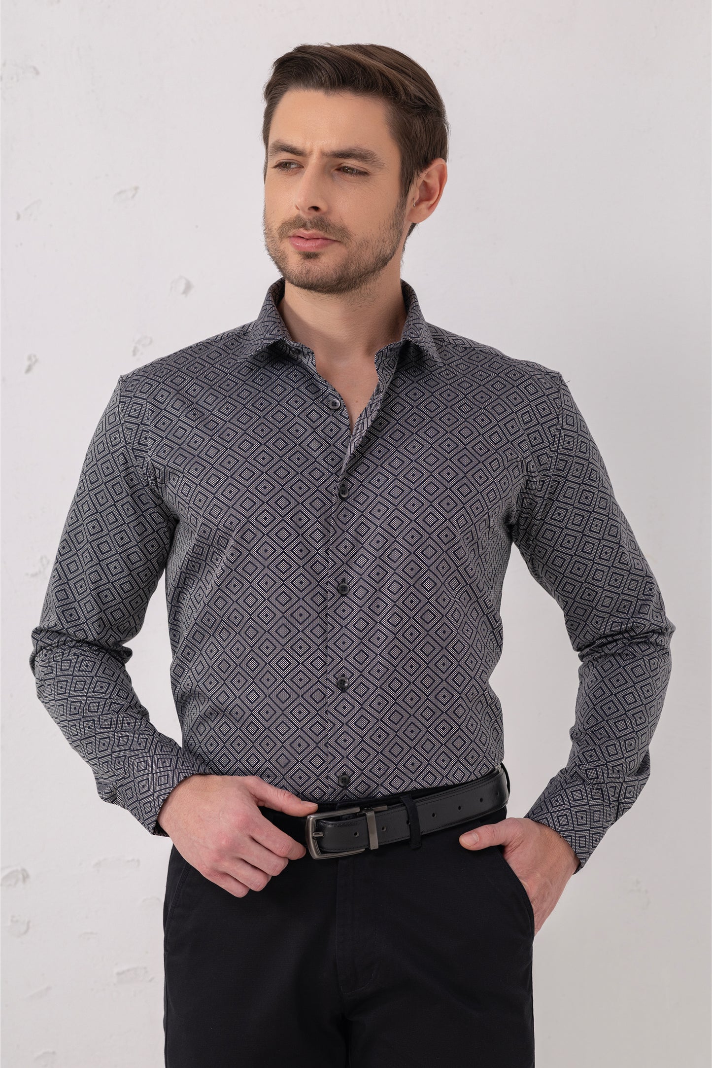 Midnight Navy Diamond Jacquard Cotton Shirt
