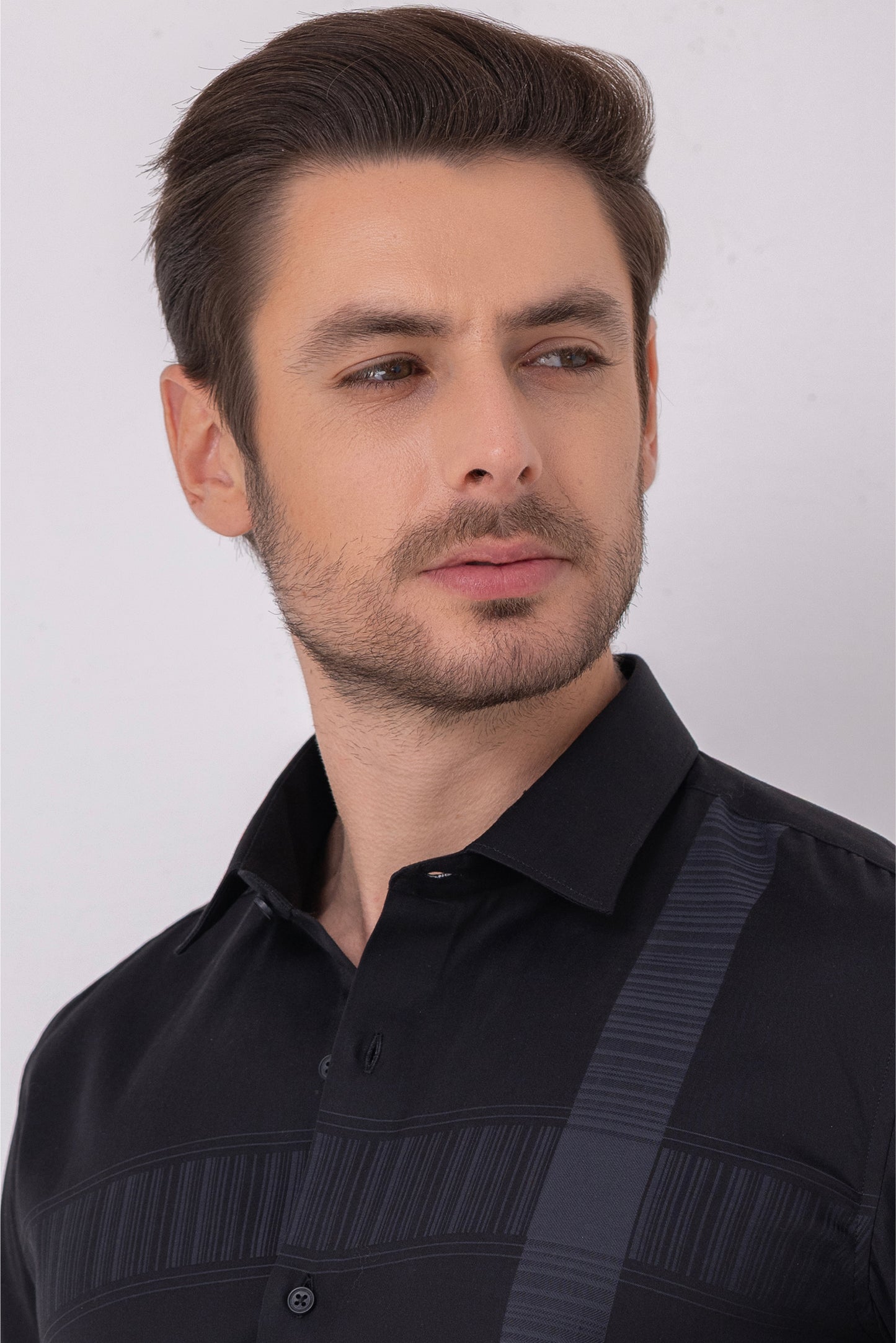 Textured Sophistication - Black Flat Weave Panel Shirt. Vyne by Urban Thing.