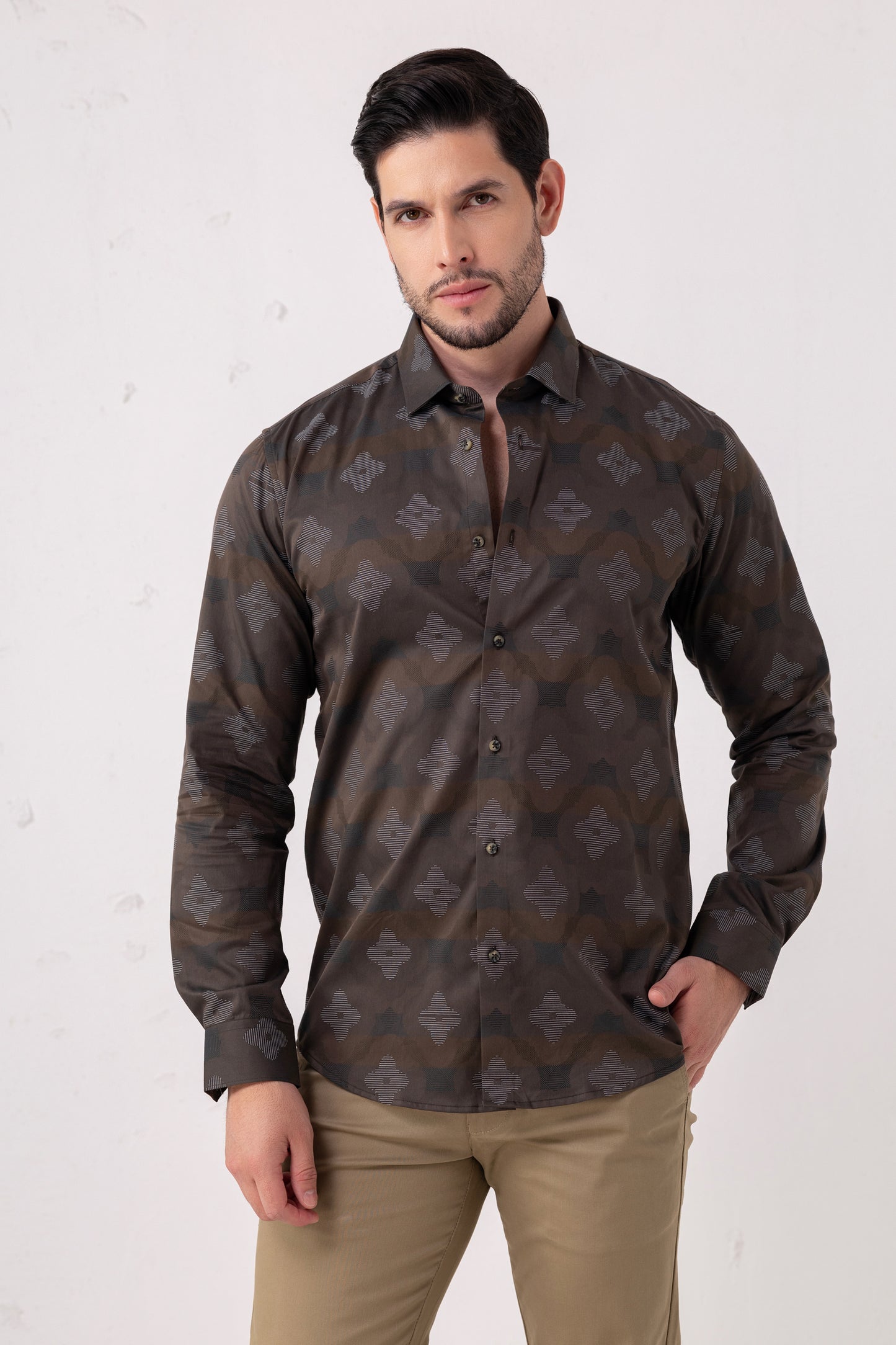 Brown Jacquard 100% Cotton Party Shirt. Vyne by Urban Thing.