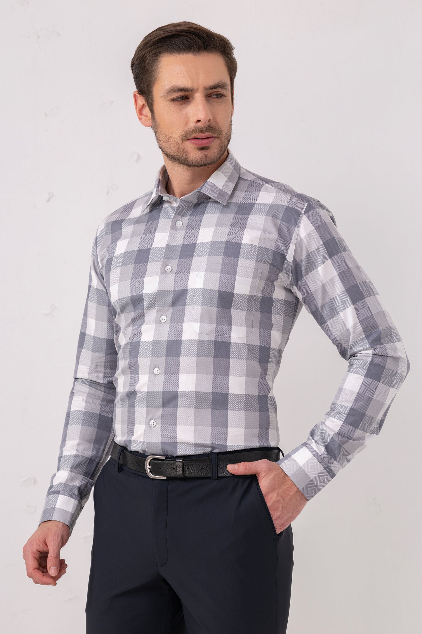 Giza Cotton Grey Twill Check Shirt. BE SHARP by Urban Thing.