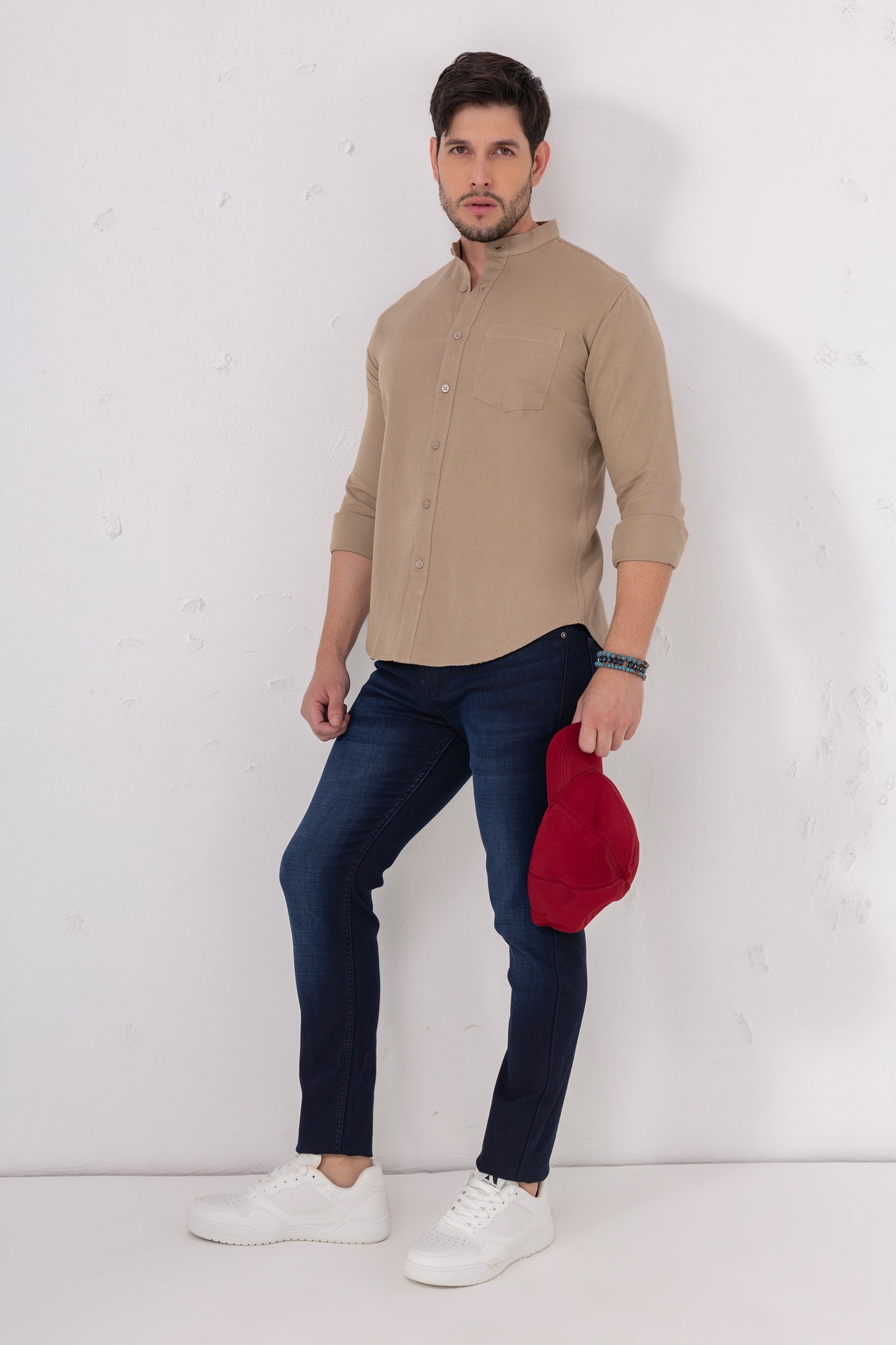 Sand Beige 100% Cotton Casual Mandarin Collar Shirt