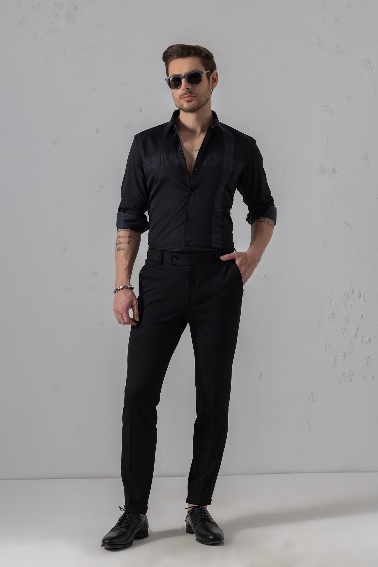 Textured Sophistication - Black Flat Weave Panel Shirt. Vyne by Urban Thing.
