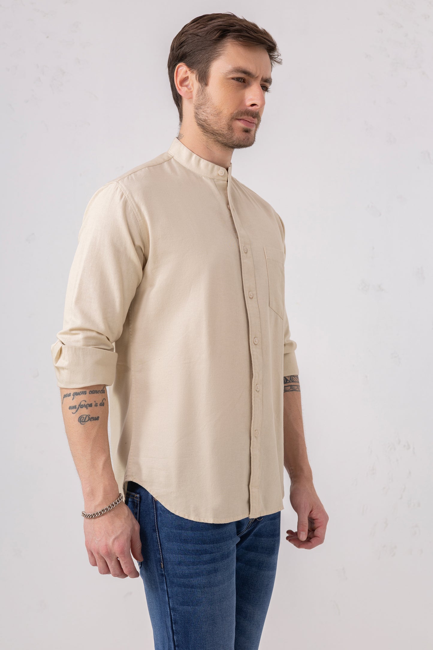 Beige 100% Cotton Mandarin Collar Casual Shirt