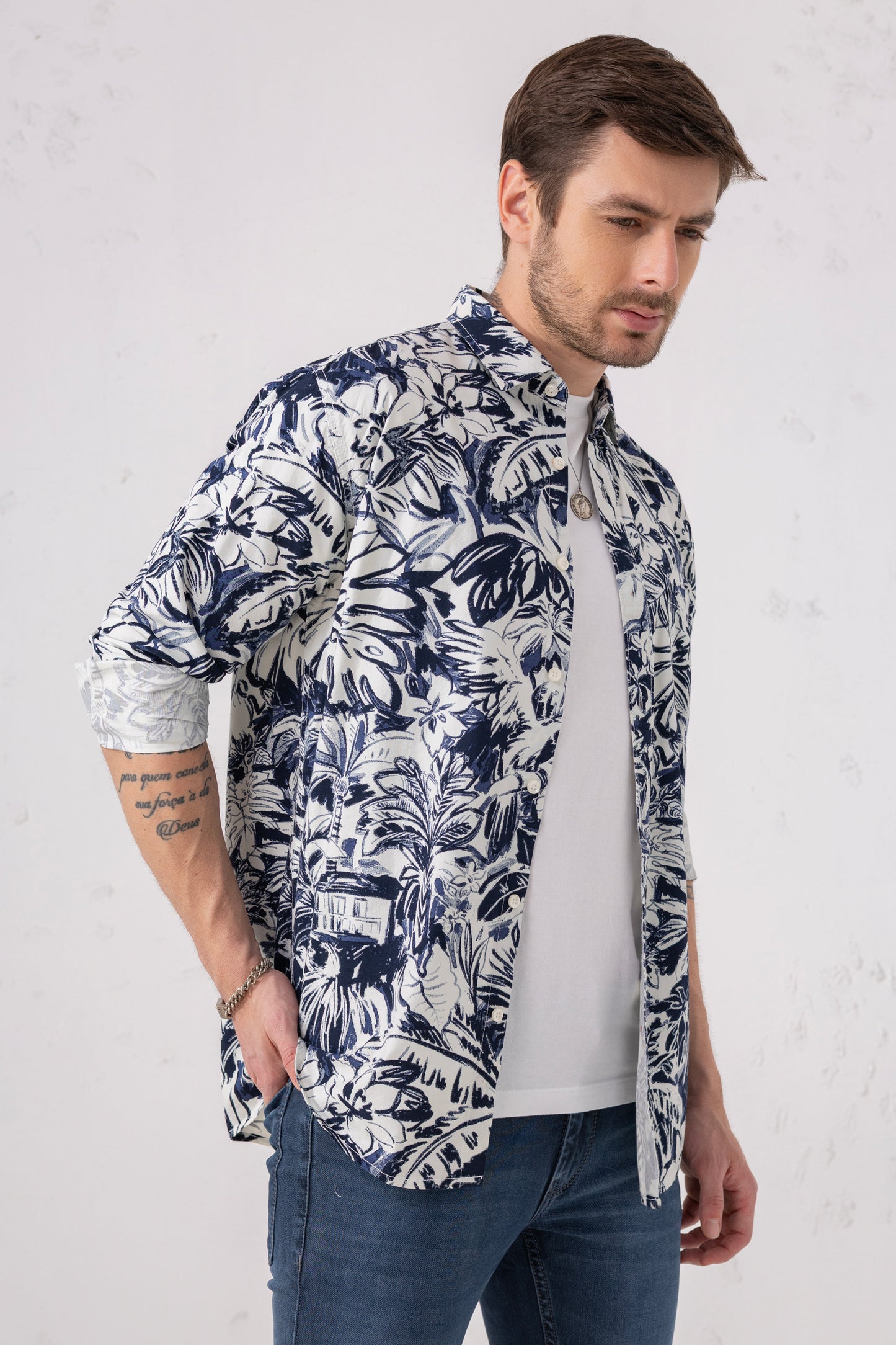 Navy & White Tropical Print Premium Cotton Shirt
