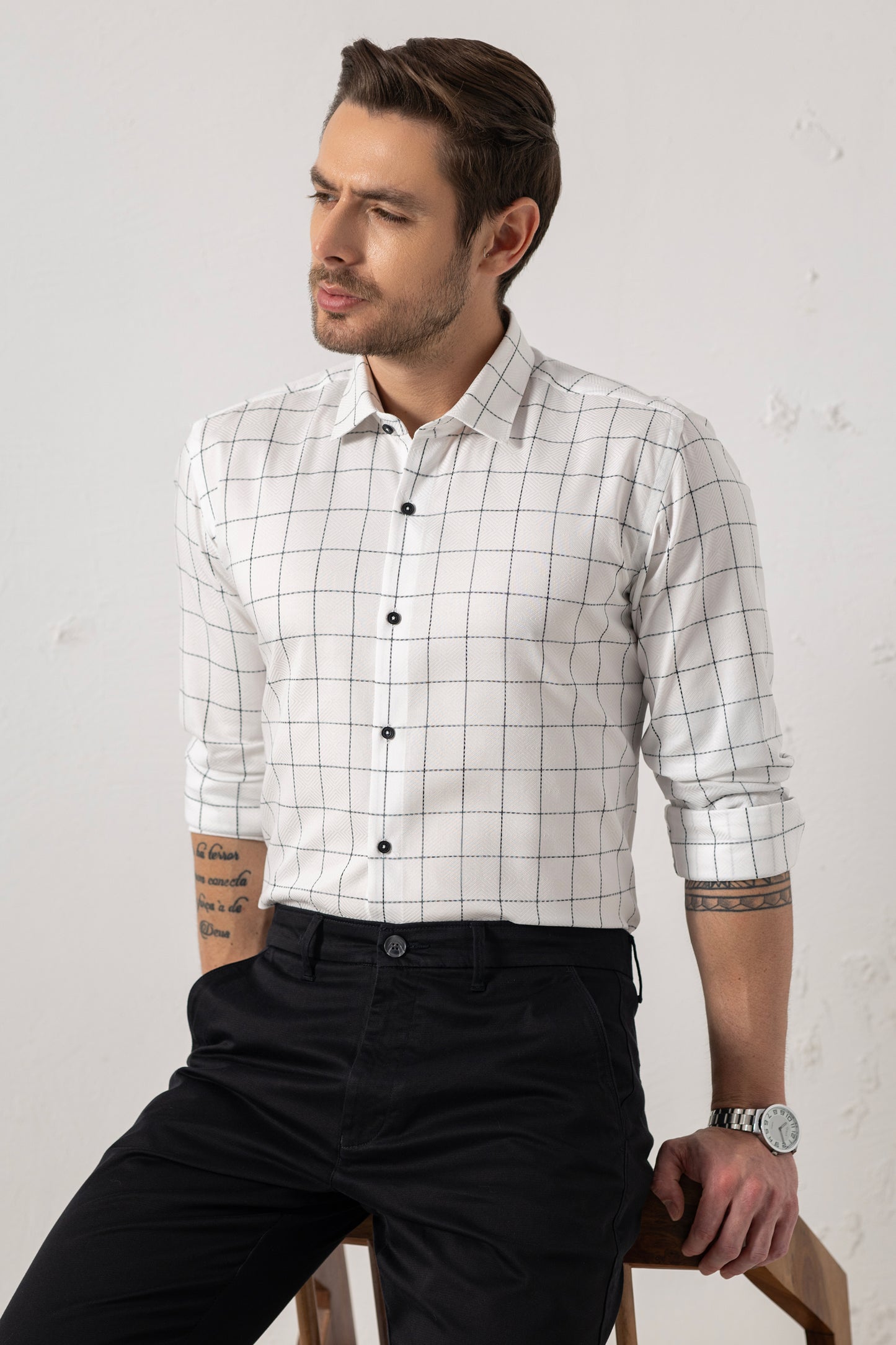 Grid Perfection White Jacquard Cotton Premium Shirt. Vyne by Urban Thing.