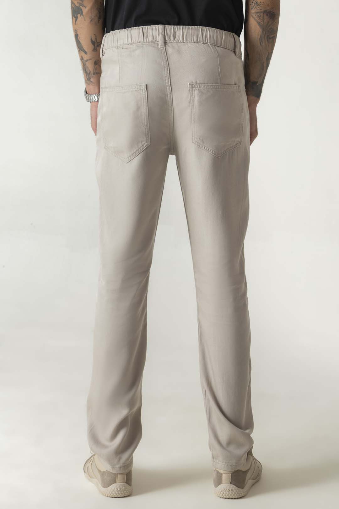 Slim Straight Beige Colour Trousers With Half Belt Half Elastic Waist