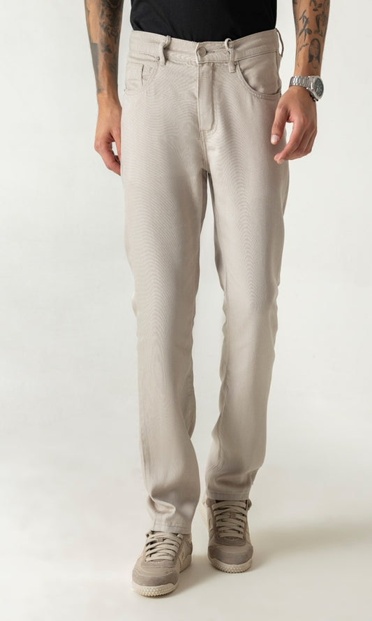 Slim Straight Beige Colour Trousers With Half Belt Half Elastic Waist