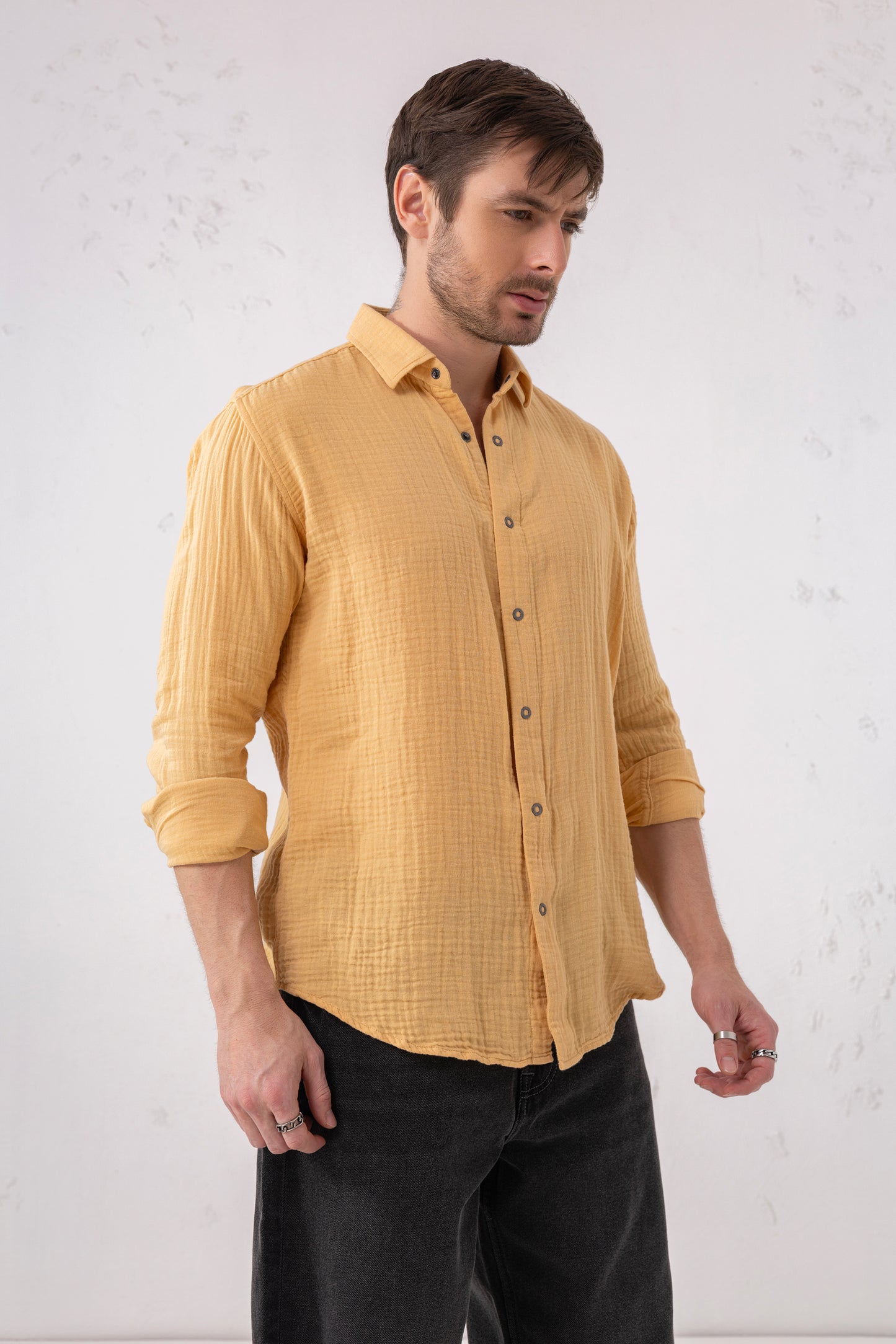 Yellow Mustard Seersucker Shirt – Double-Layer Cotton