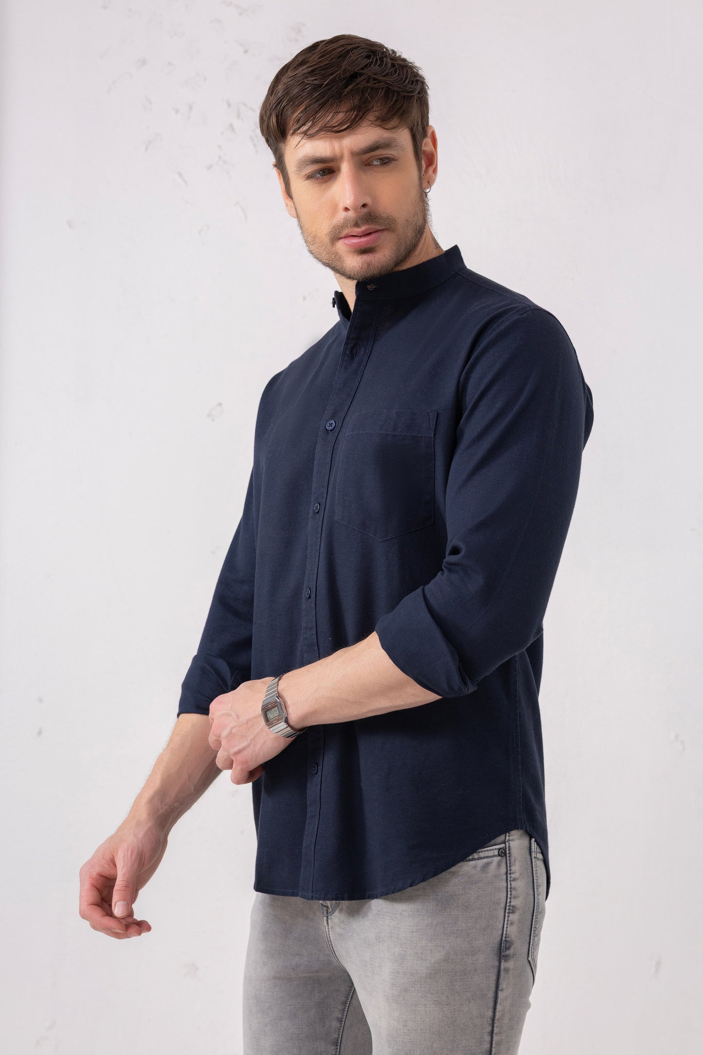 Navy Minimalist Band Collar Shirt – 100% Cotton