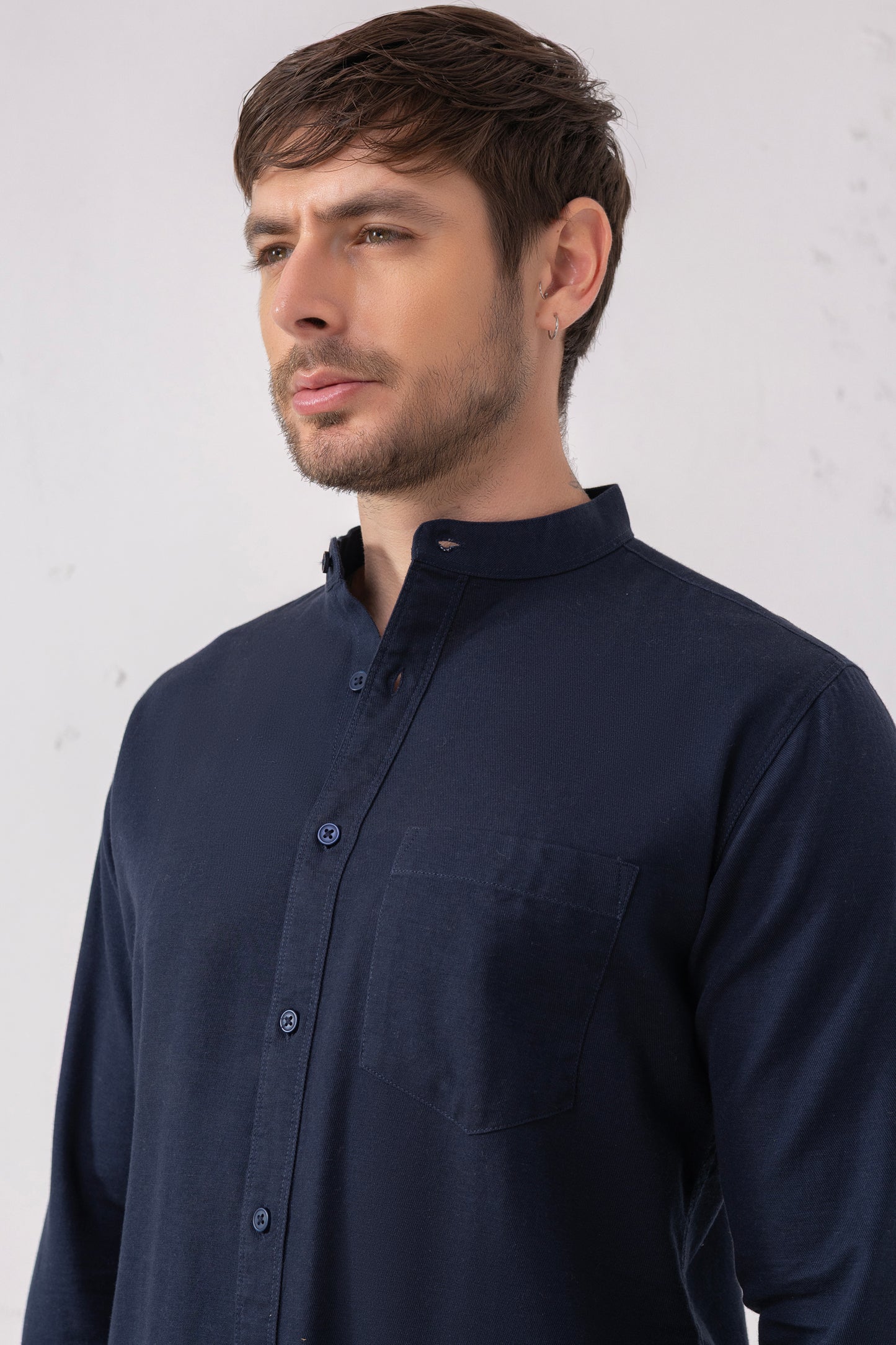 Navy Minimalist Band Collar Shirt – 100% Cotton