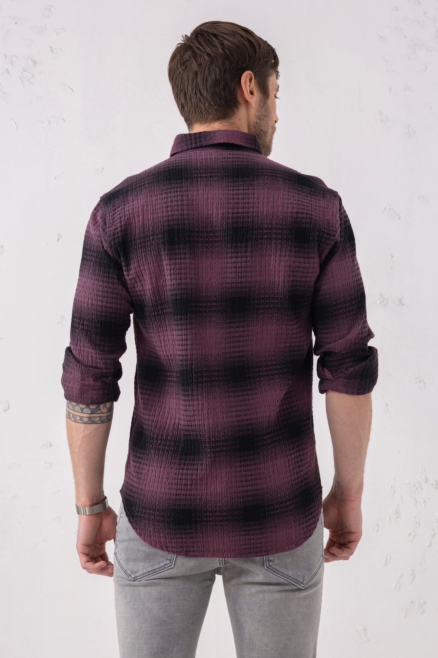 Cotton Blend Burgundy Gradient Check Shirt