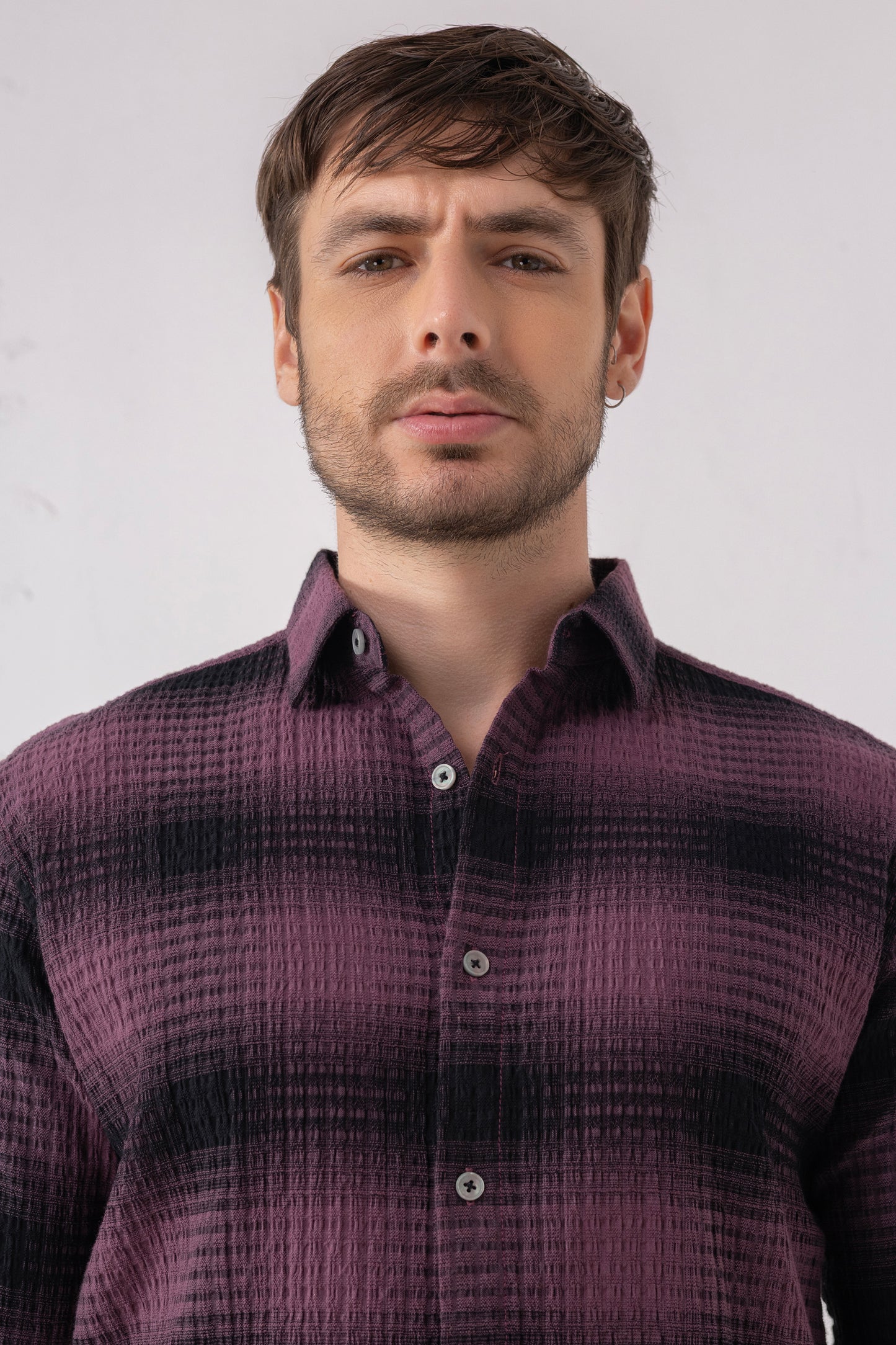 Cotton Blend Burgundy Gradient Check Shirt
