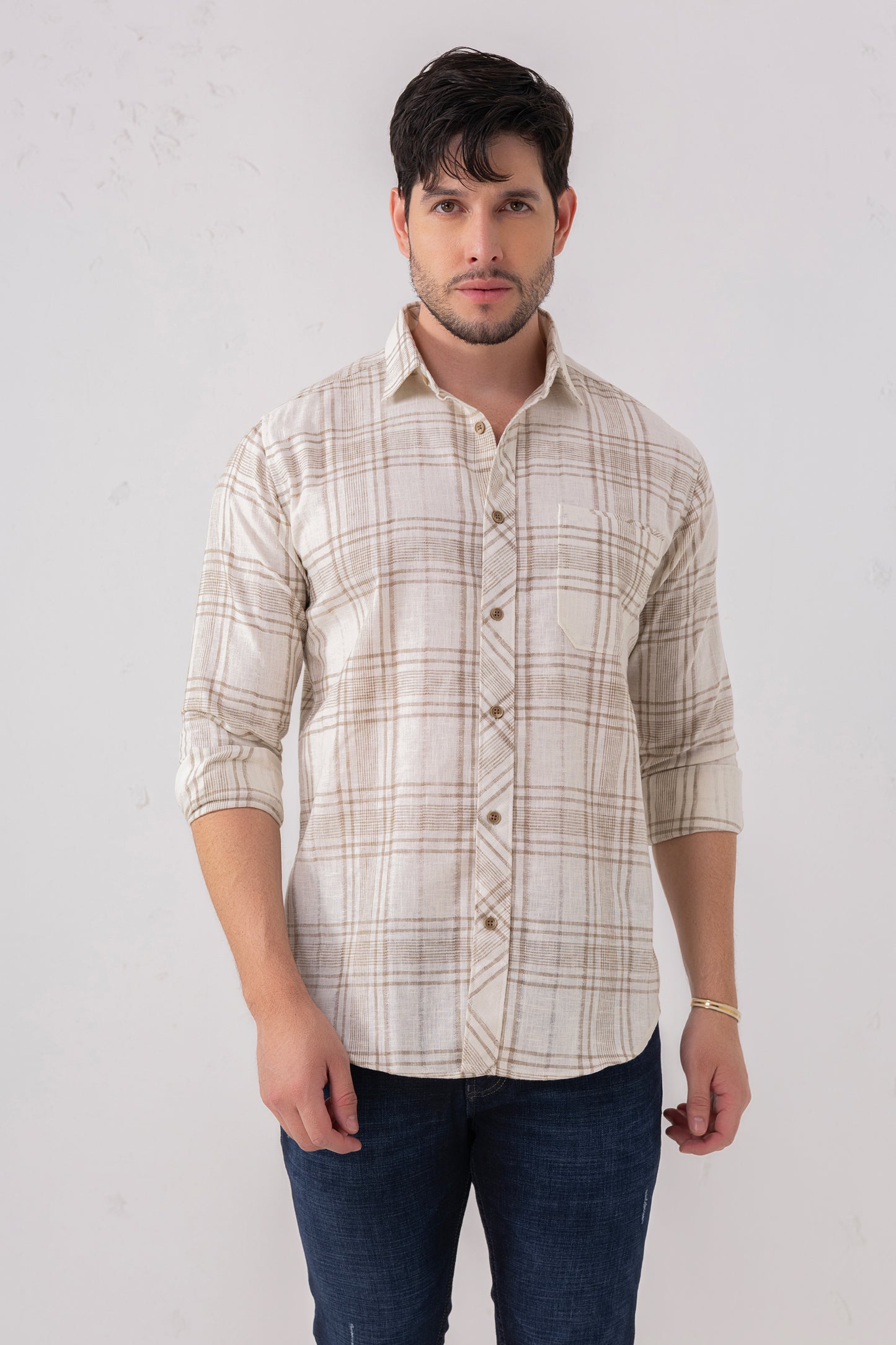 Azure Harmony: Cotton Blend Light Brown Check Shirt