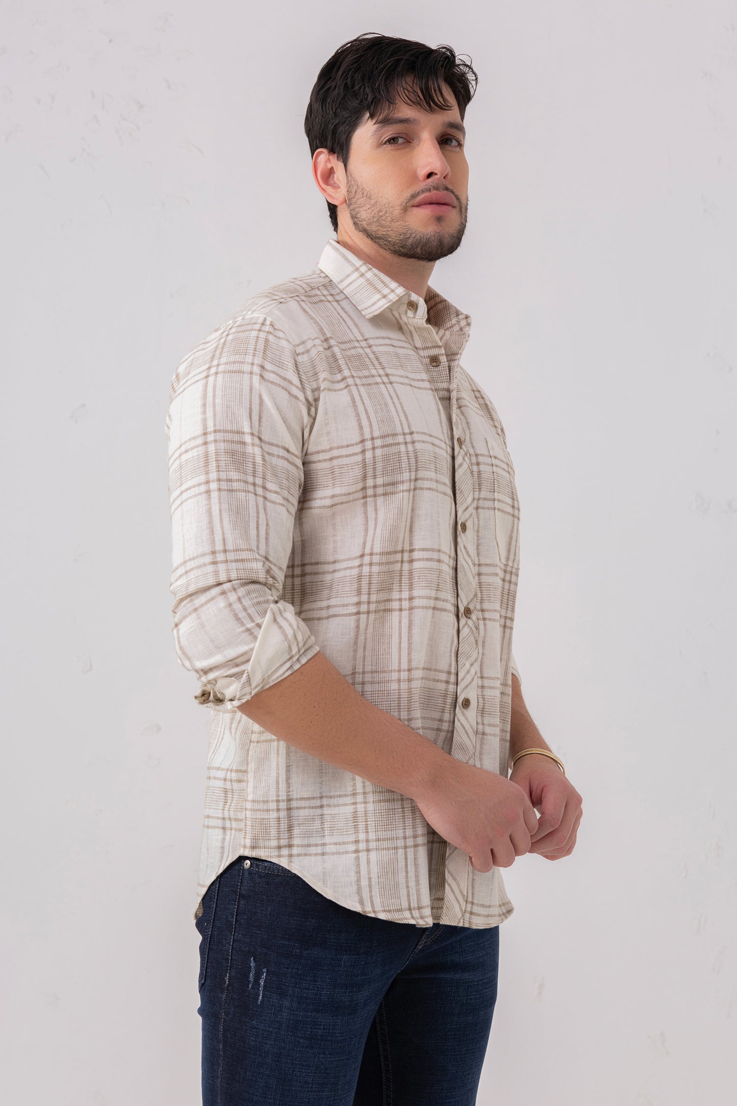 Azure Harmony: Cotton Blend Light Brown Check Shirt
