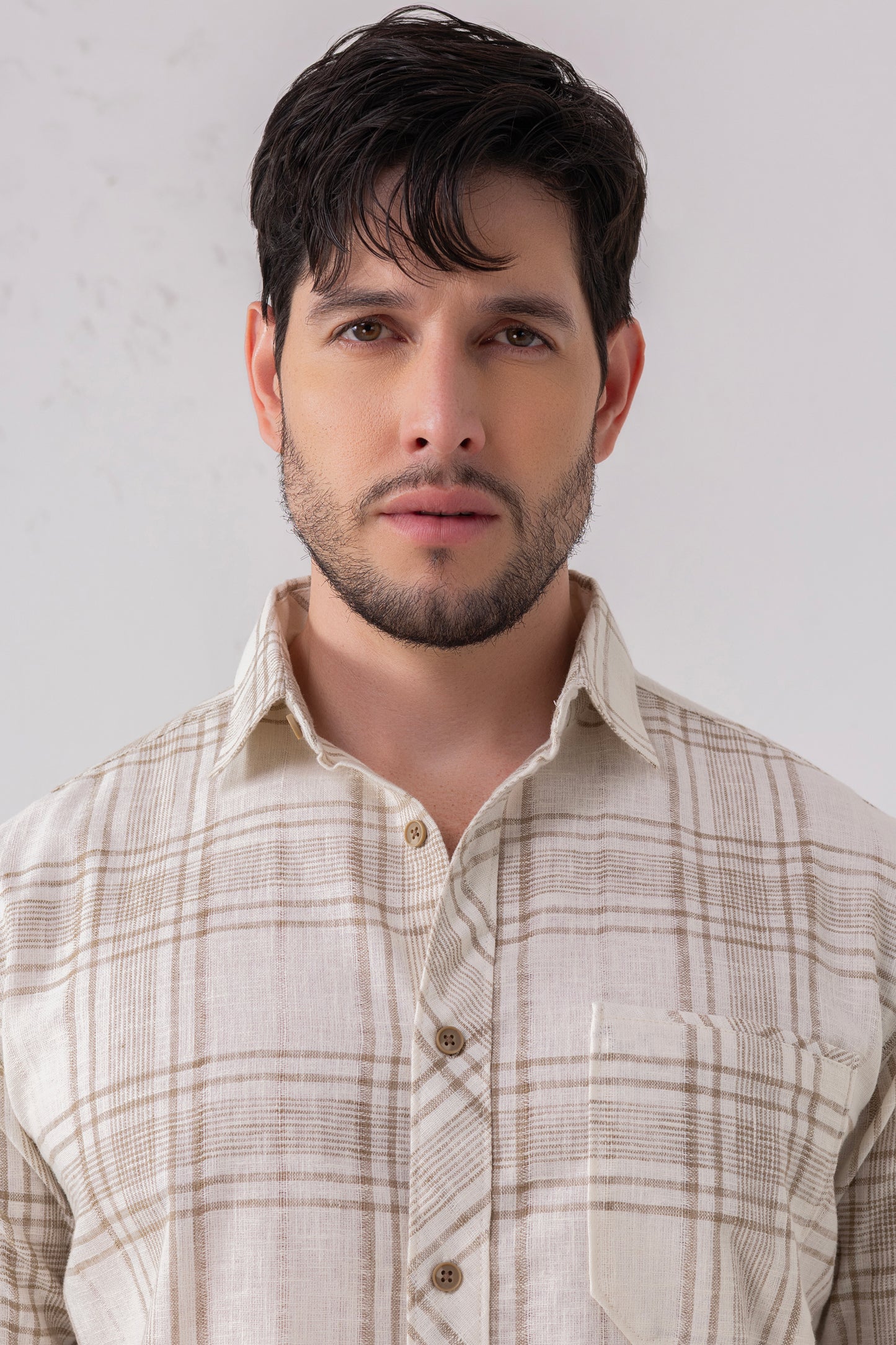 Azure Harmony: Cotton Blend Light Brown Check Shirt