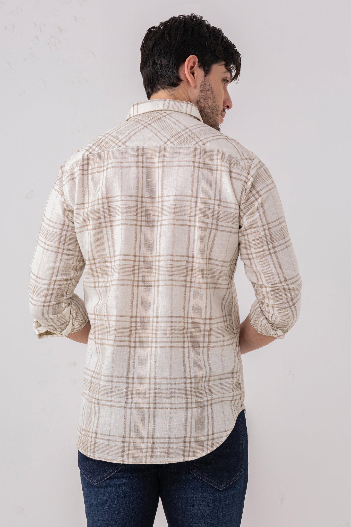 Azure Harmony: Cotton Blend Light Brown Check Shirt