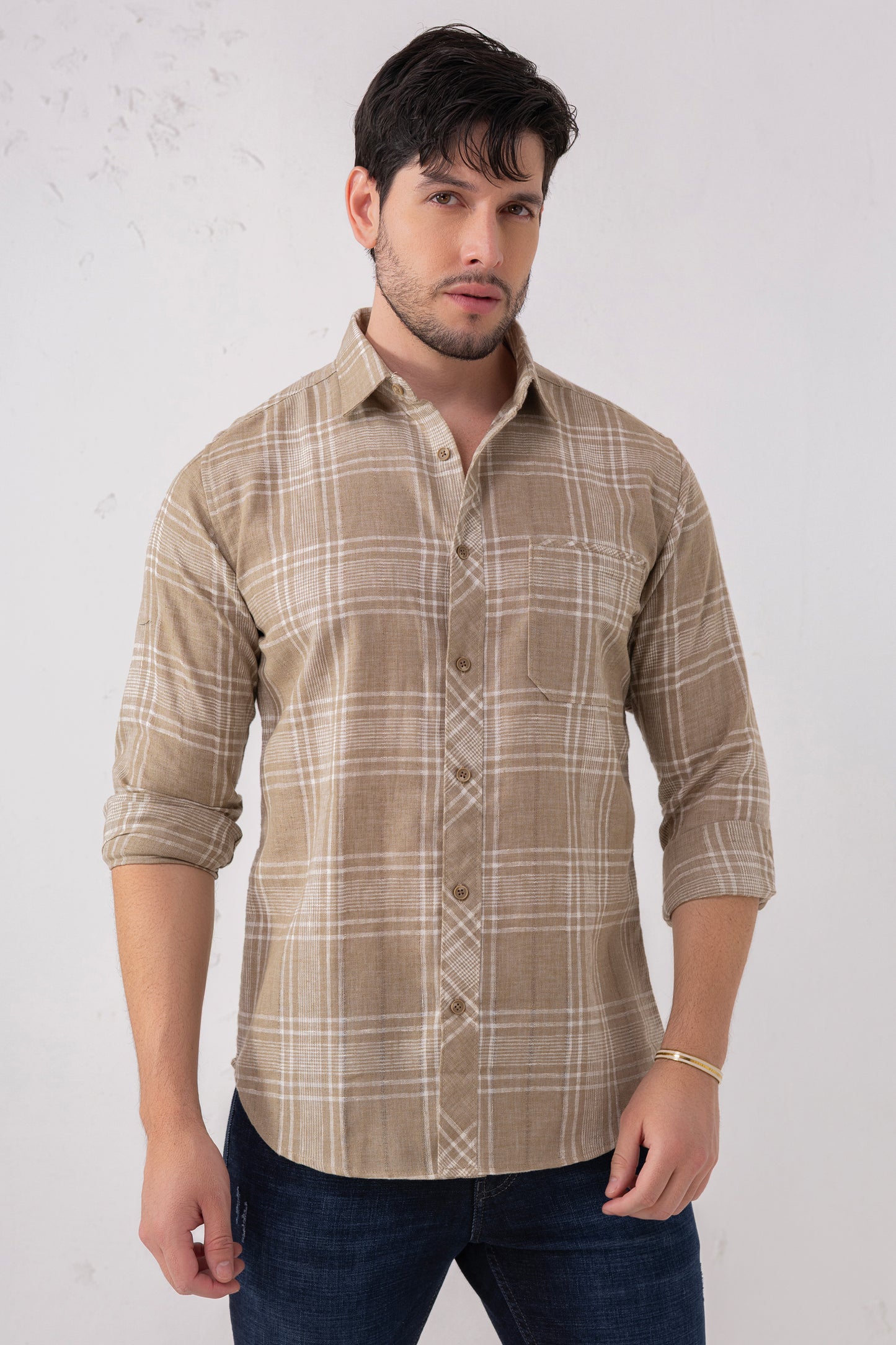 Cotton Blend Brown Check Heritage Shirt