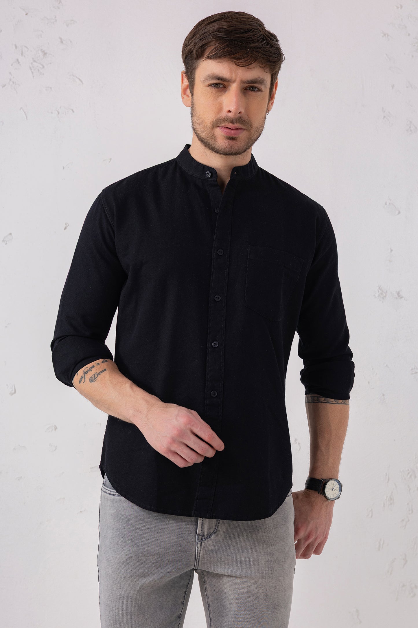 Black Mandarin Collar Shirt – 100% Cotton