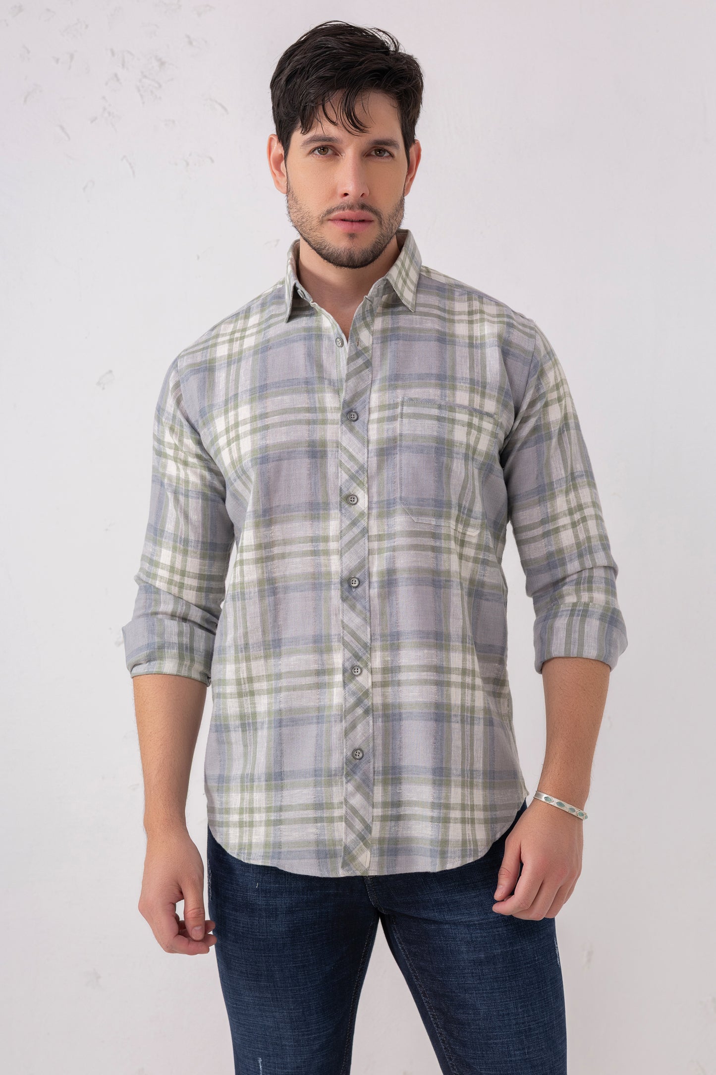 Linen Blend Blue-Grey Check Shirt