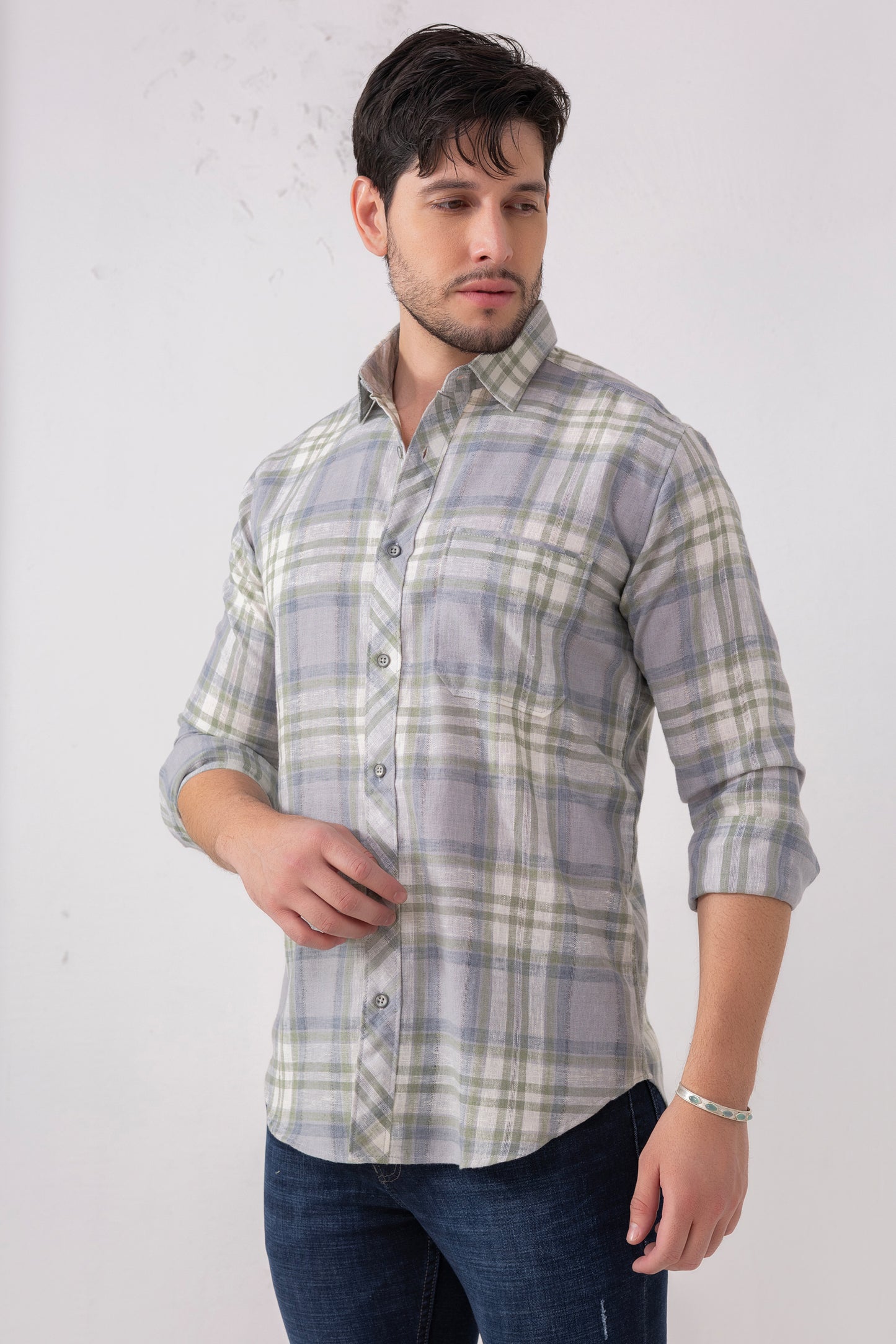 Linen Blend Blue-Grey Check Shirt
