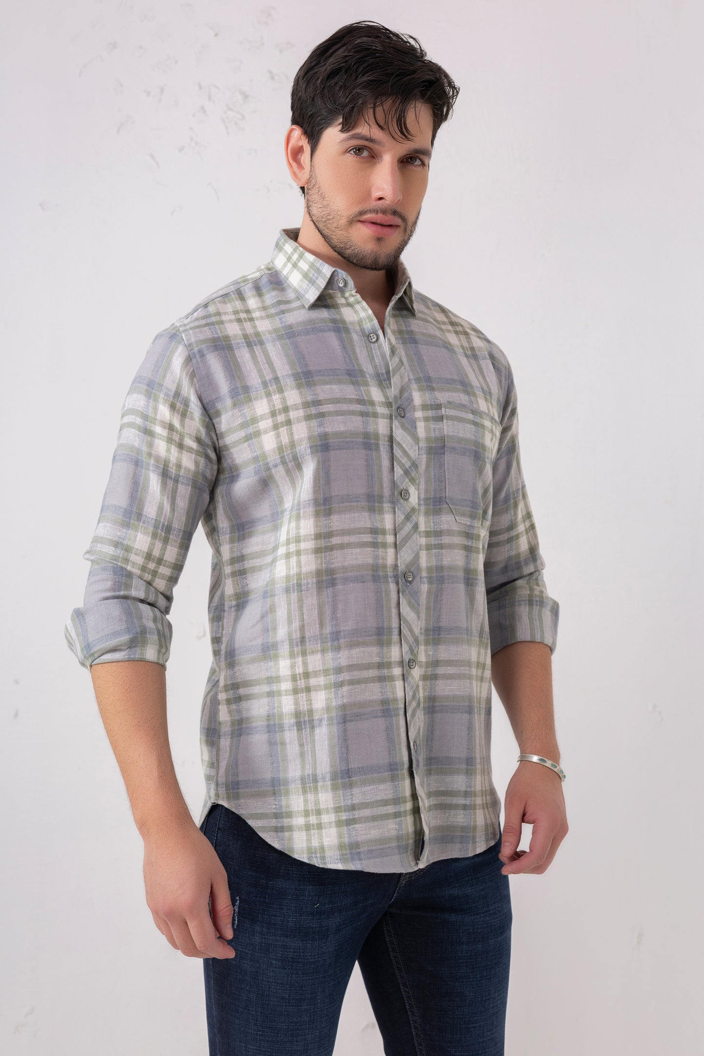 Linen Blend Blue-Grey Check Shirt