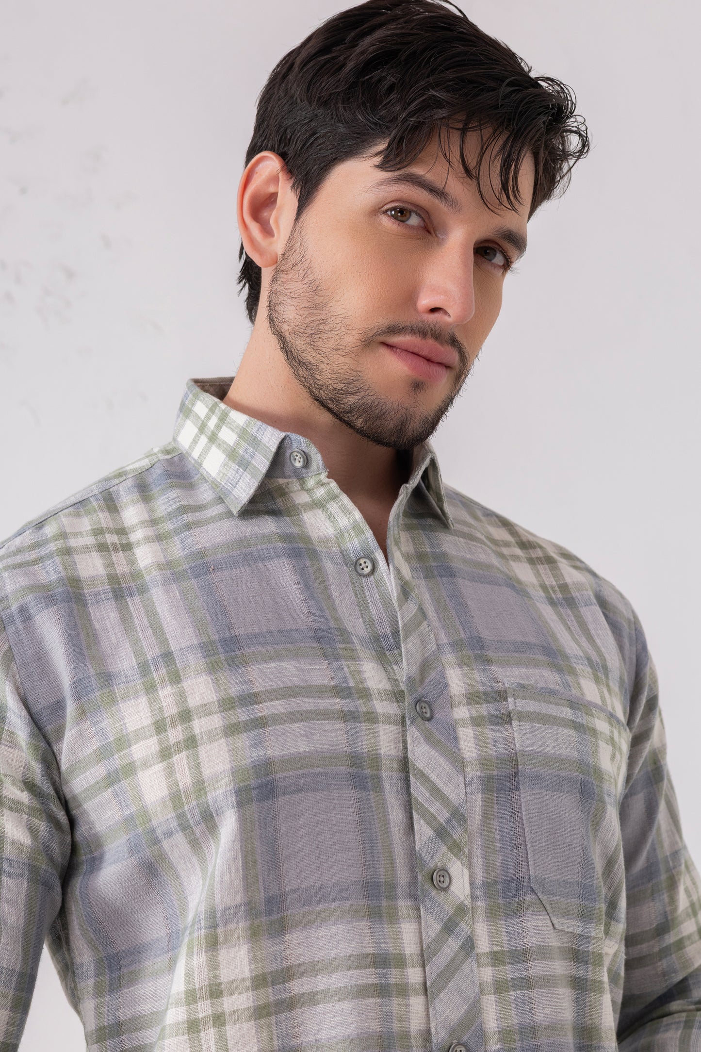Linen Blend Blue-Grey Check Shirt