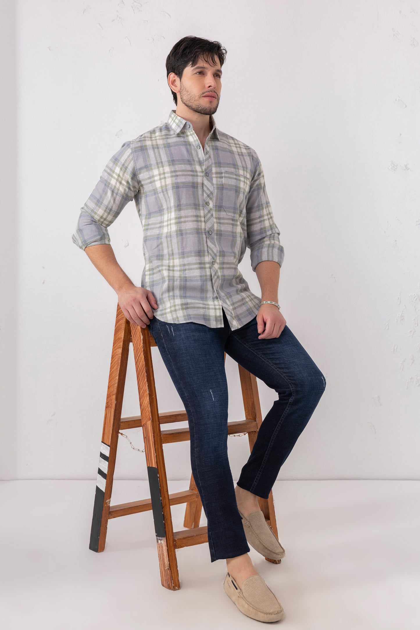 Linen Blend Blue-Grey Check Shirt