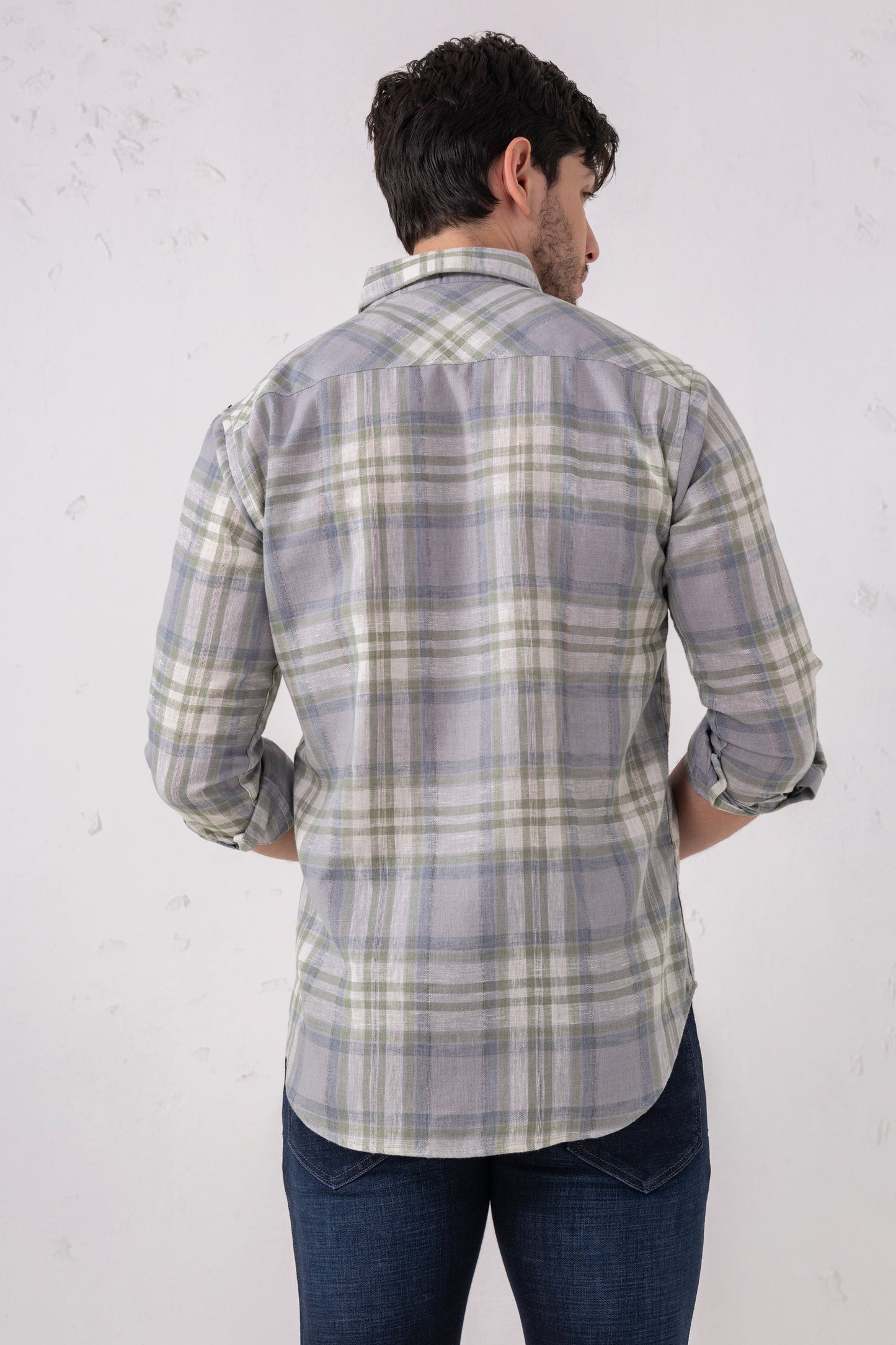 Linen Blend Blue-Grey Check Shirt