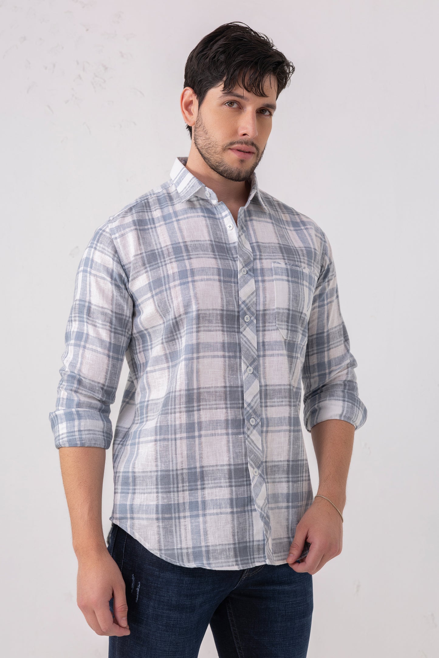 Azure Heritage: Linen Blend Blue Check Shirt