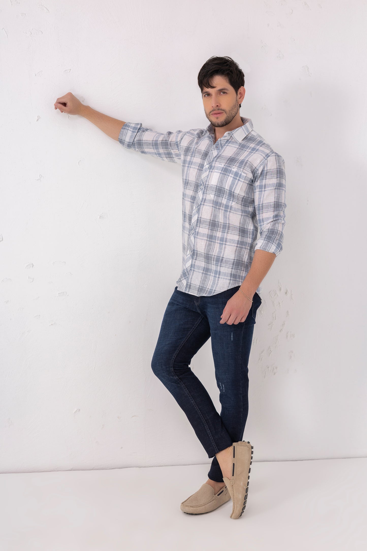 Azure Heritage: Linen Blend Blue Check Shirt