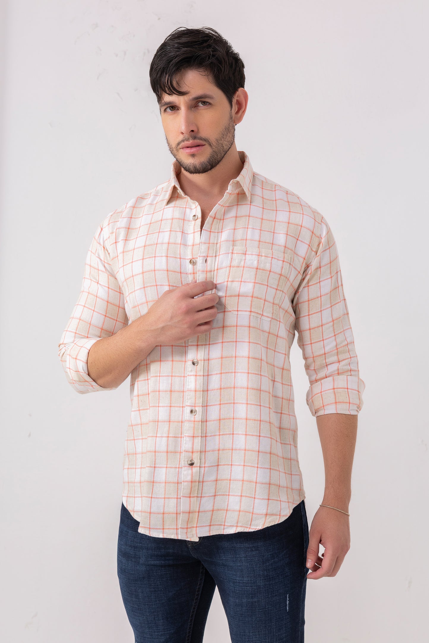 Linen Blend Peach Check Shirt