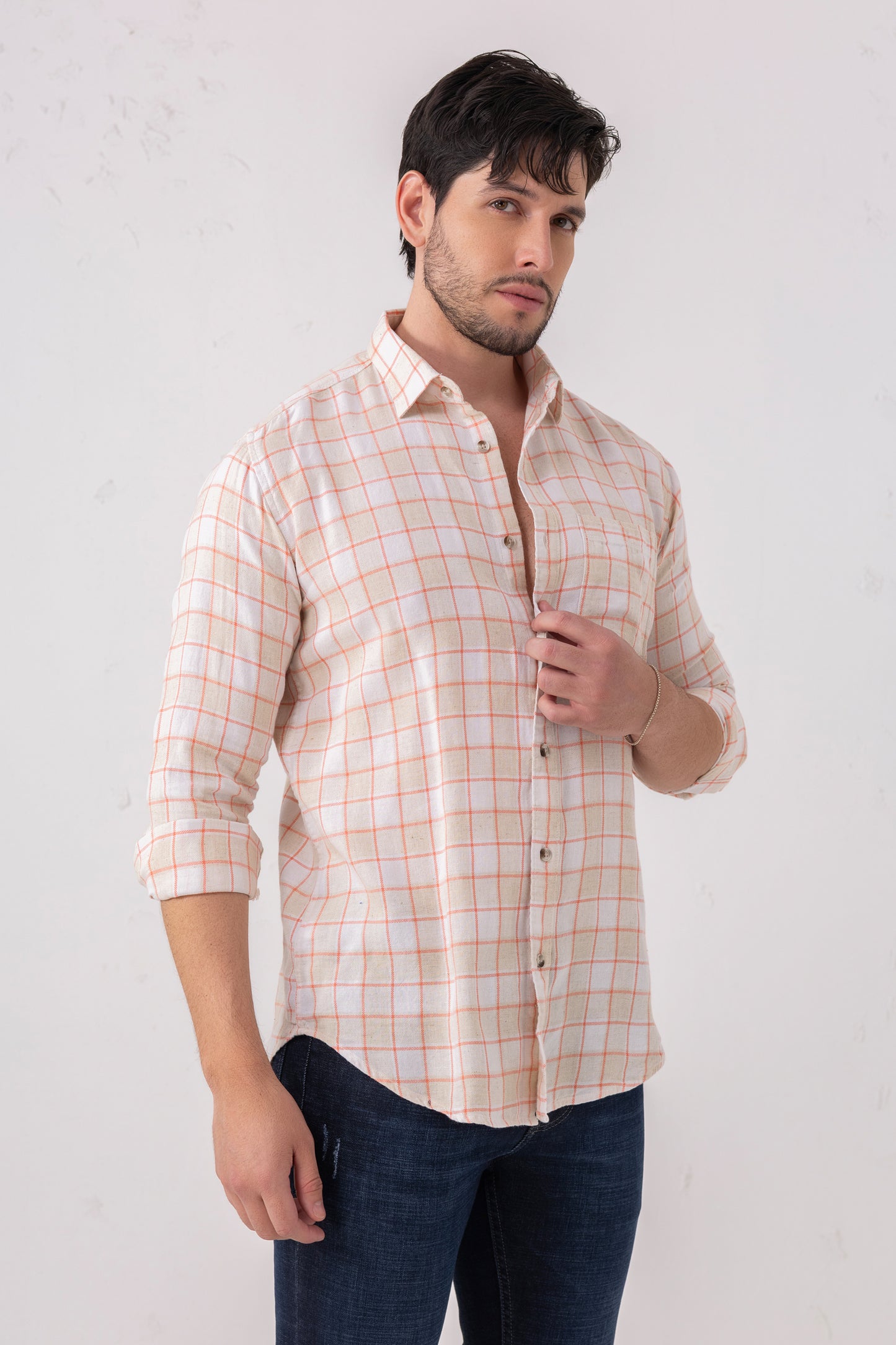 Linen Blend Peach Check Shirt